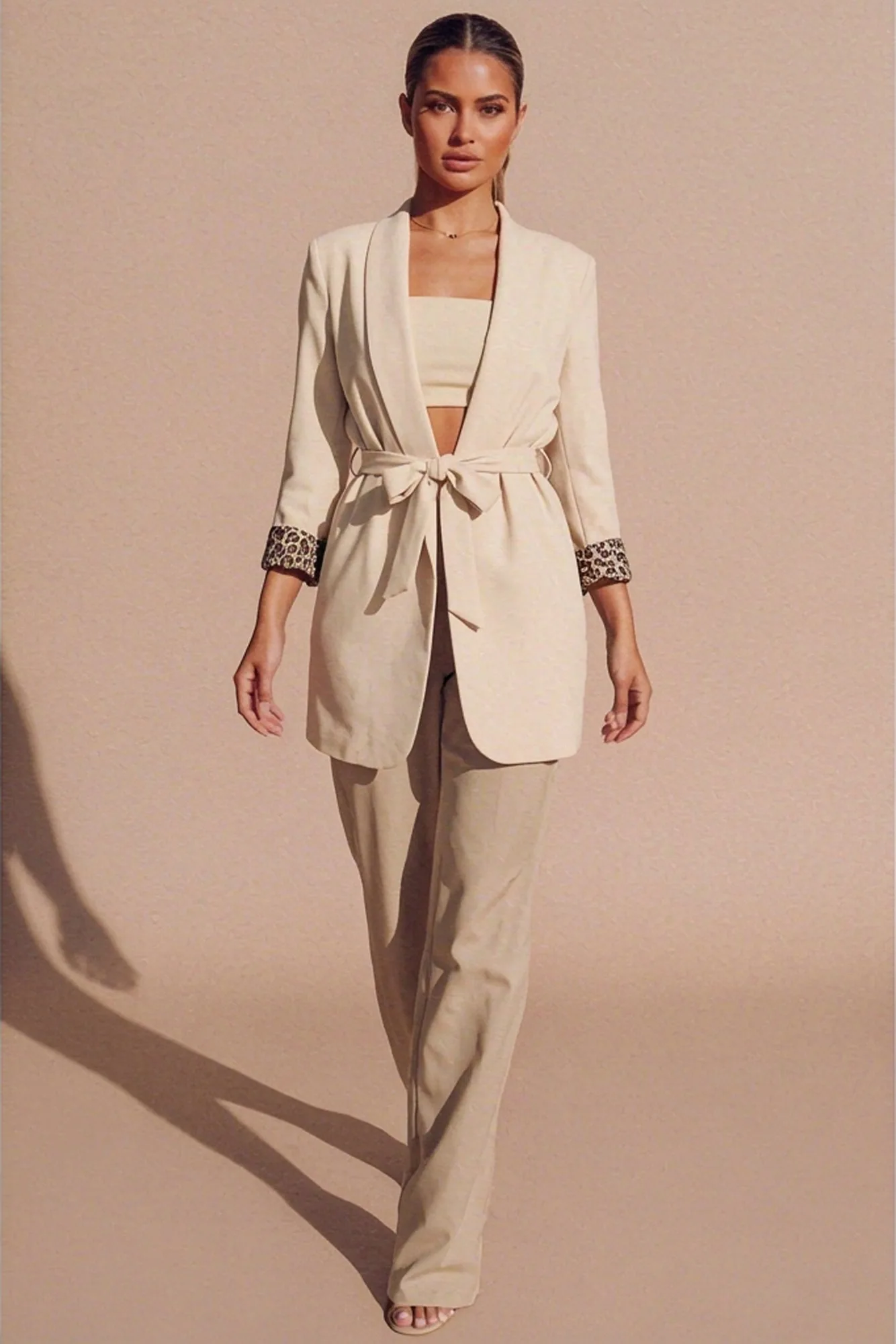Beige Belted Leopard Print Cuff Detail Blazer- Finon