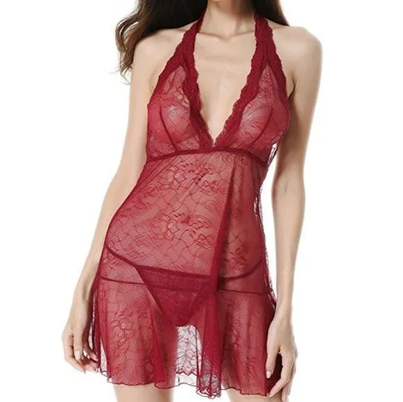 Sexy kanten halter chemise lingerieset - Merlot Elegance