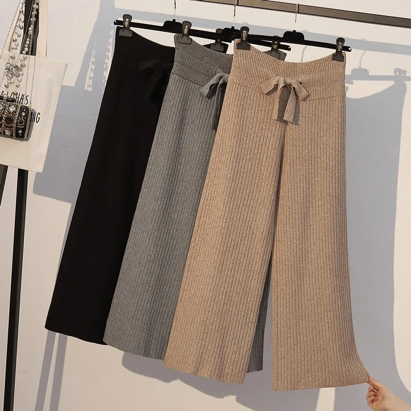 Ribbed Knit Straight-Leg Tie-Waist Soft Pants