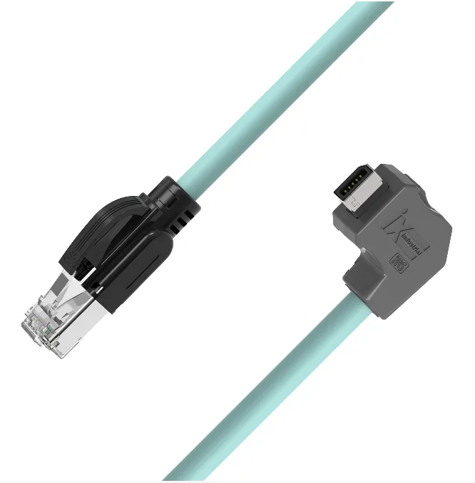 كابل إيثرنت IX Industrial CAT6A محمي TPE تركوازي – موصل IX A-Key بزاوية علوية إلى RJ45 ذكر