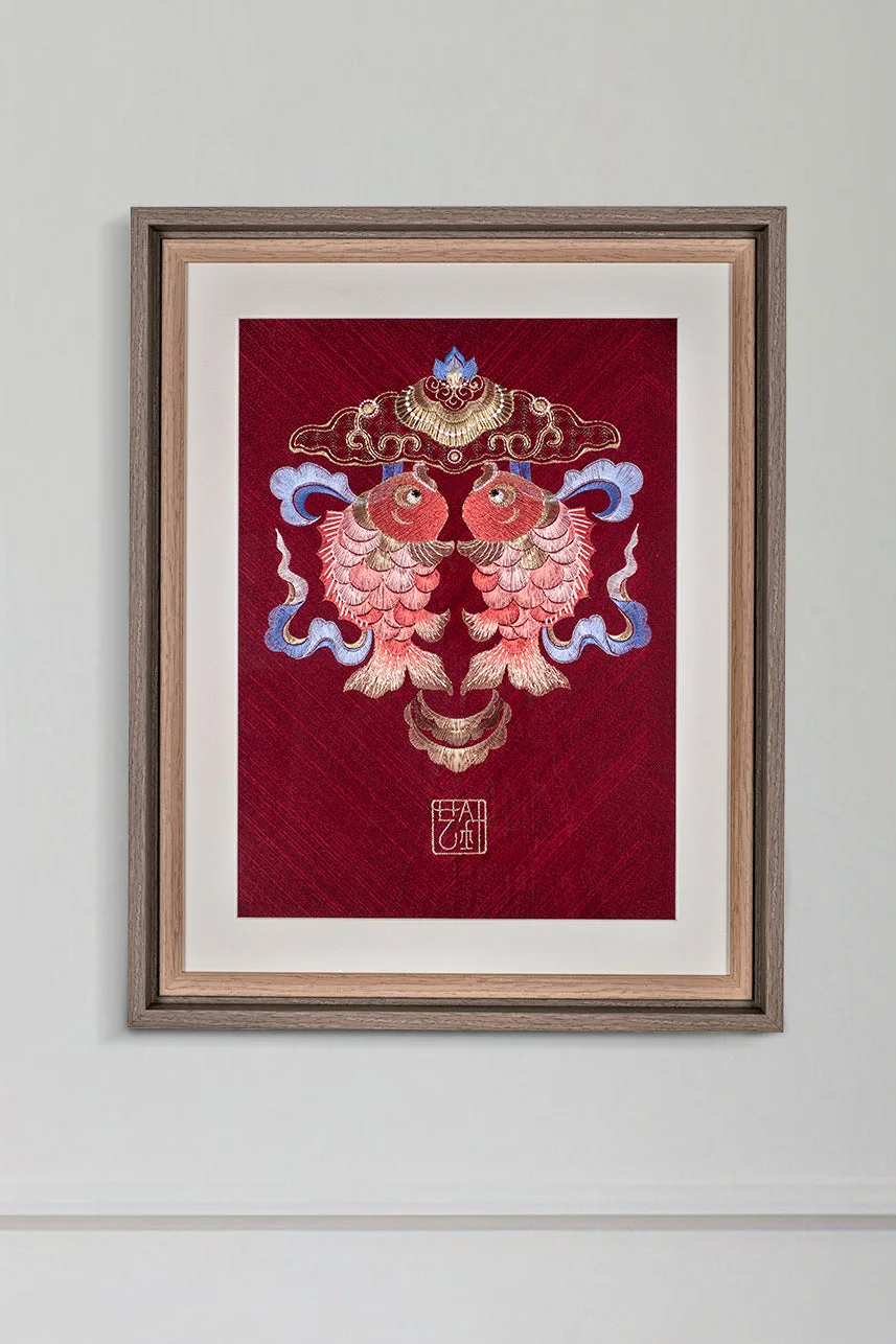 框裝刺繡牆面藝術：錦鯉、獅球等
