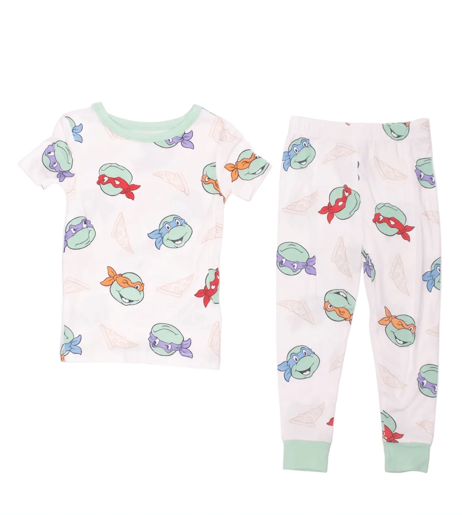 Teenage Mutant Ninja Turtles Boys 2-Piece Cotton Pajama Set, Leonardo Michelangelo Raphael Donatello Pizza Print, White/Green