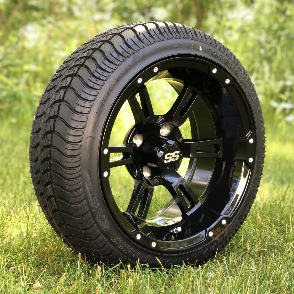14" Stallion Gloss Black Aluminum Golf Cart Wheels and 205/30-14 Low-Profile DOT Street & Turf Tires Combo - Set of 4