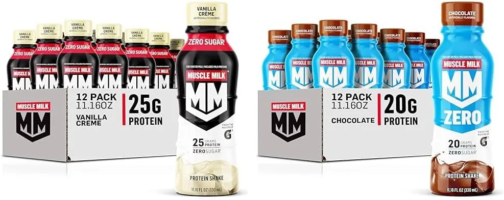 Muscle Milk Genuine Protein Shake, Vanilla Creme, 11.16 Fl Oz Bottle & Zero Protein Shake, Chocolate,20g Protein, Zero Sugar