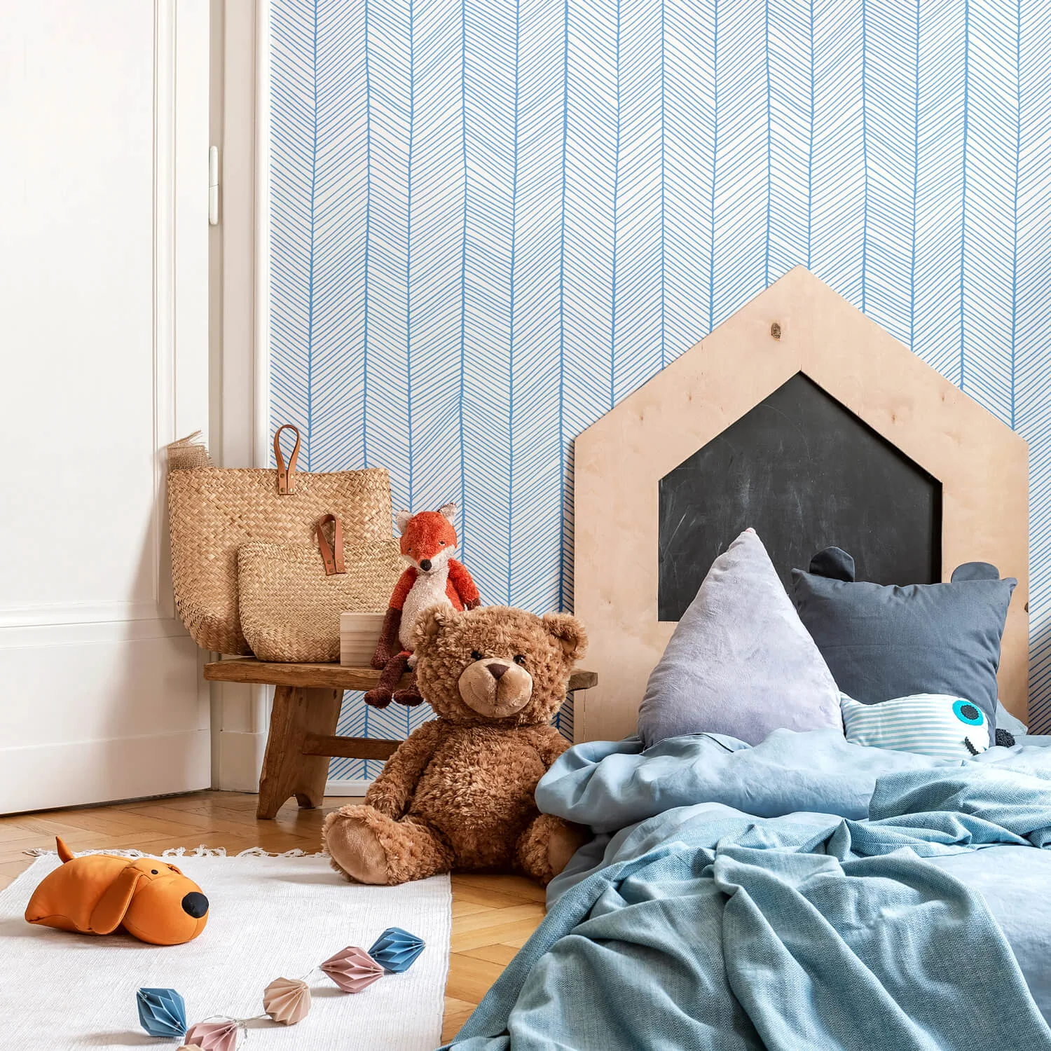 Simple herringbone pattern wallpaper Pearl blue color