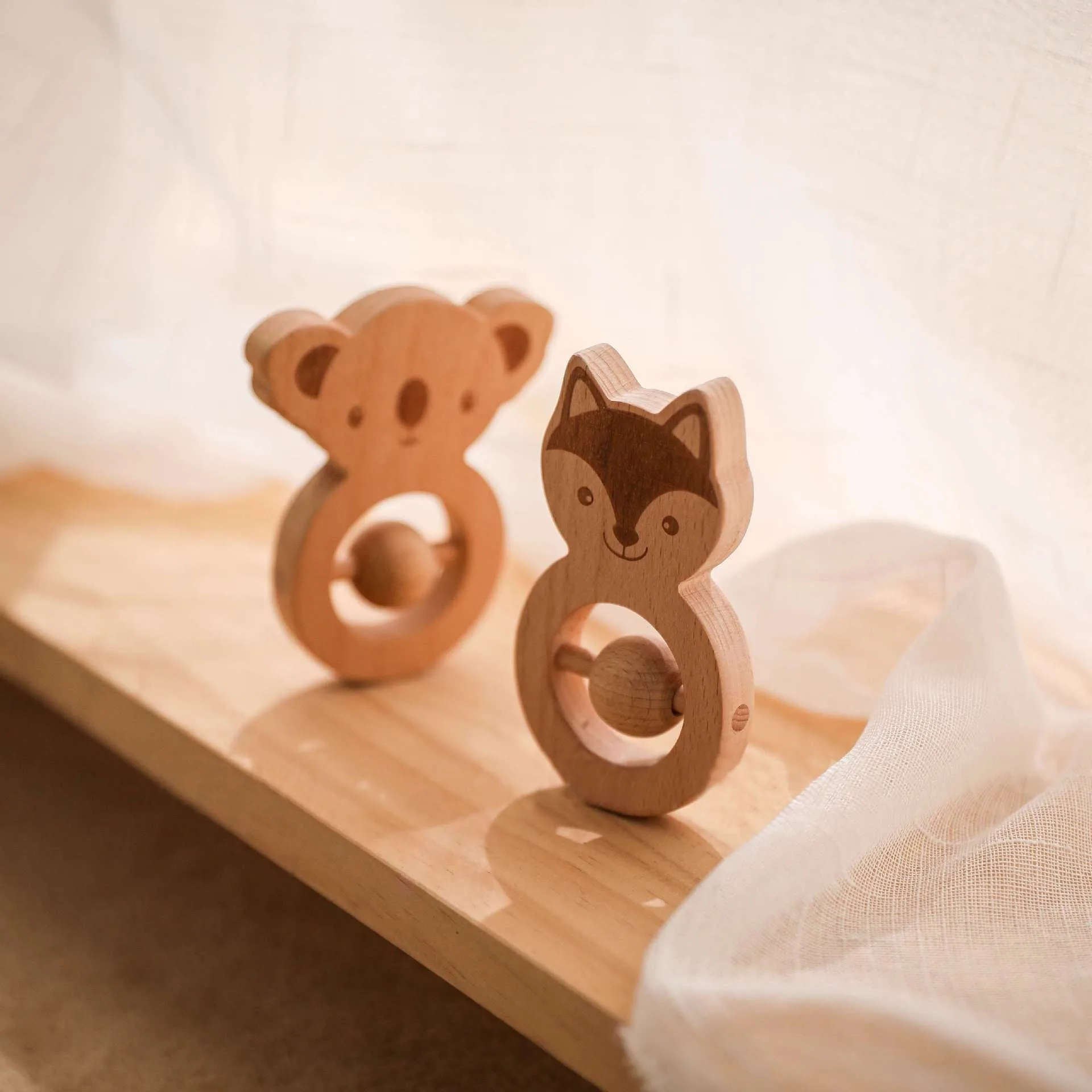Clearance ! Wooden Fox, Wooden Koala Round Baby Rattle, Teether