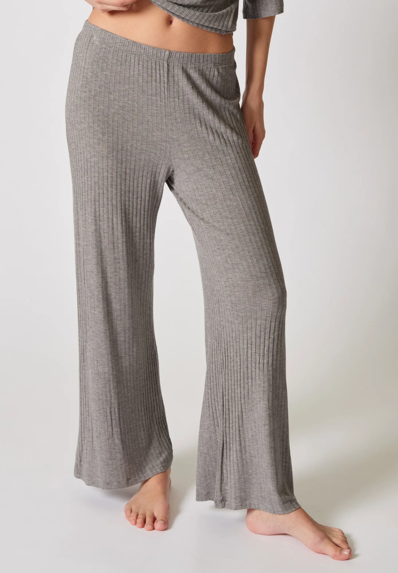 Viscose Rib Broek lang | Taupe grijs melange 010465-01H529