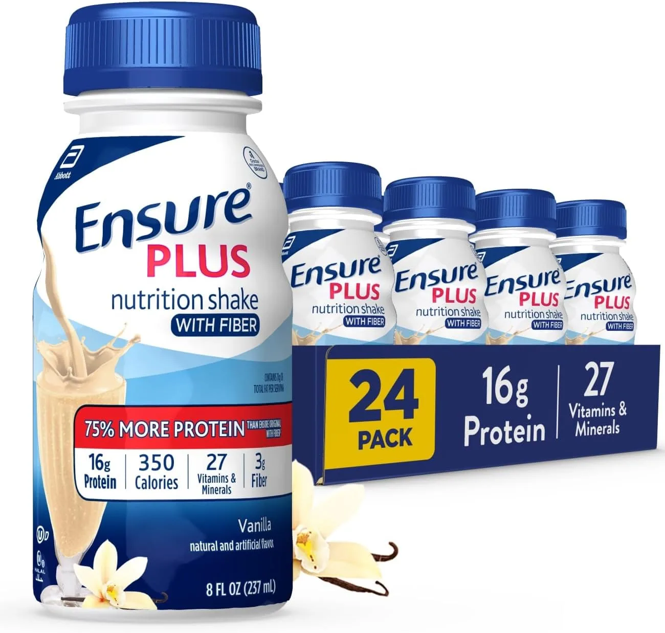 Ensure Plus 香草營養奶昔含纖維 | 代餐奶昔 | 即飲 | 16克蛋白質與27種維生素及礦物質 | 8液量盎司 - 24入裝