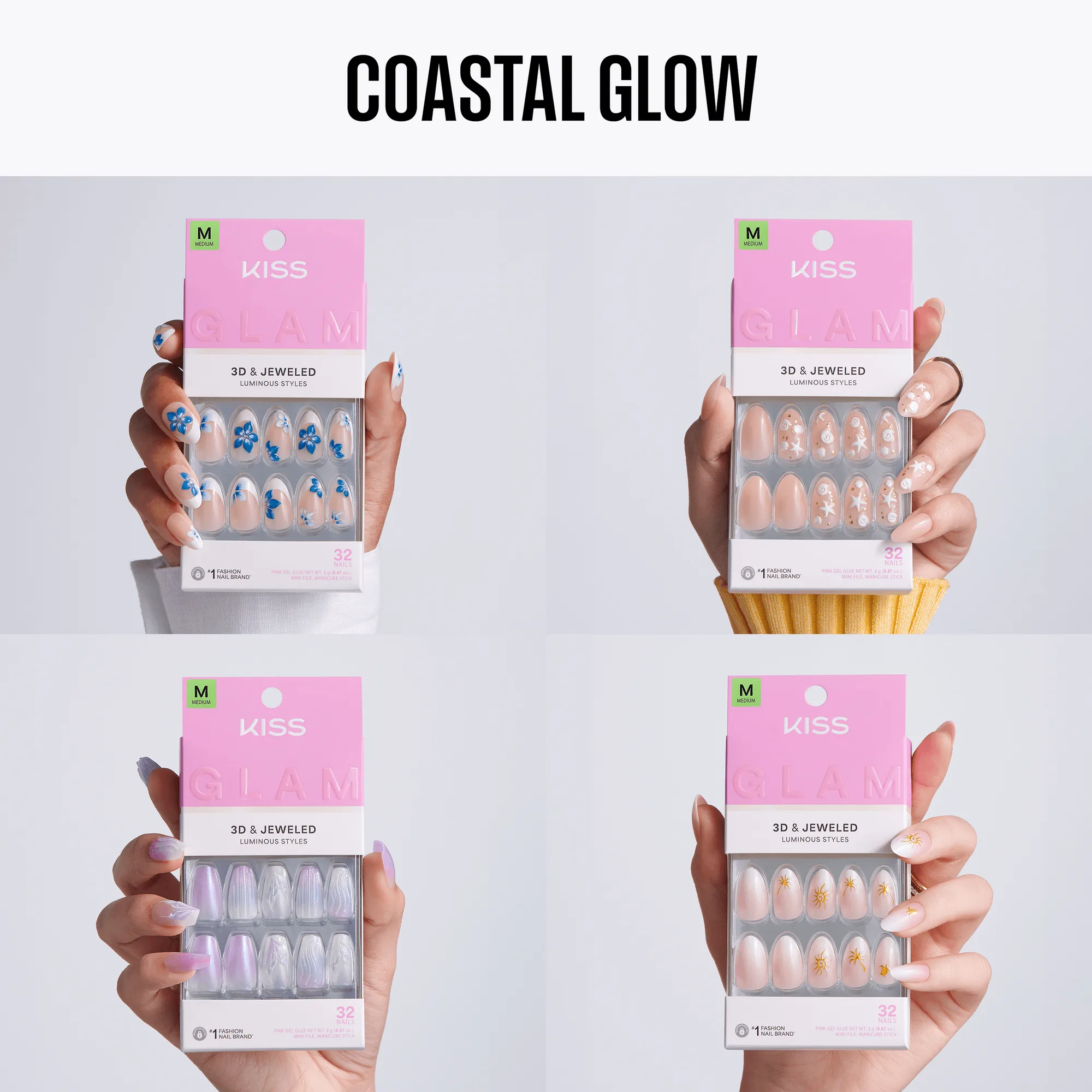 Pack Ongles Kiss Glam Jeweled Press On Glue - Coastal Glow