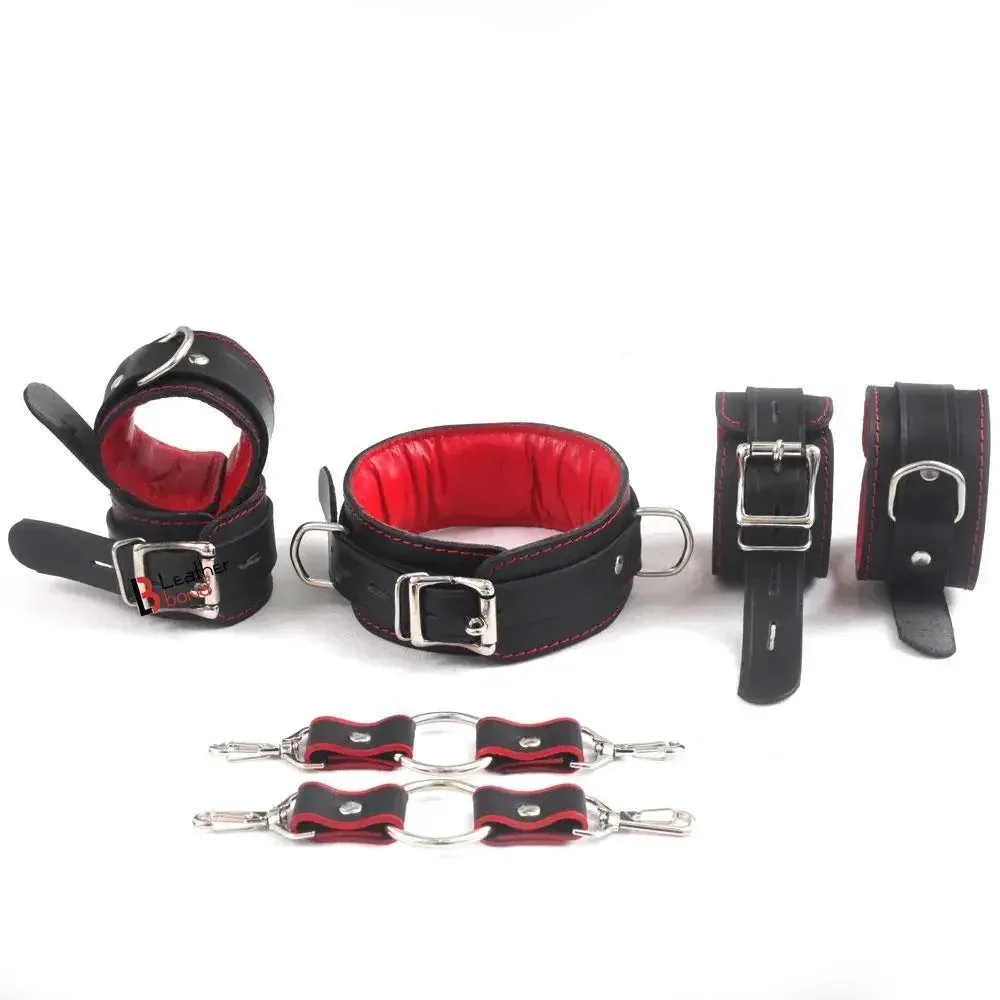 7-teiliges Luxus-Bondage-Set, weich gepolstertes Halsband aus echtem Leder, Hand- und Fußgelenkmanschetten-Set | Rot & Schwarz