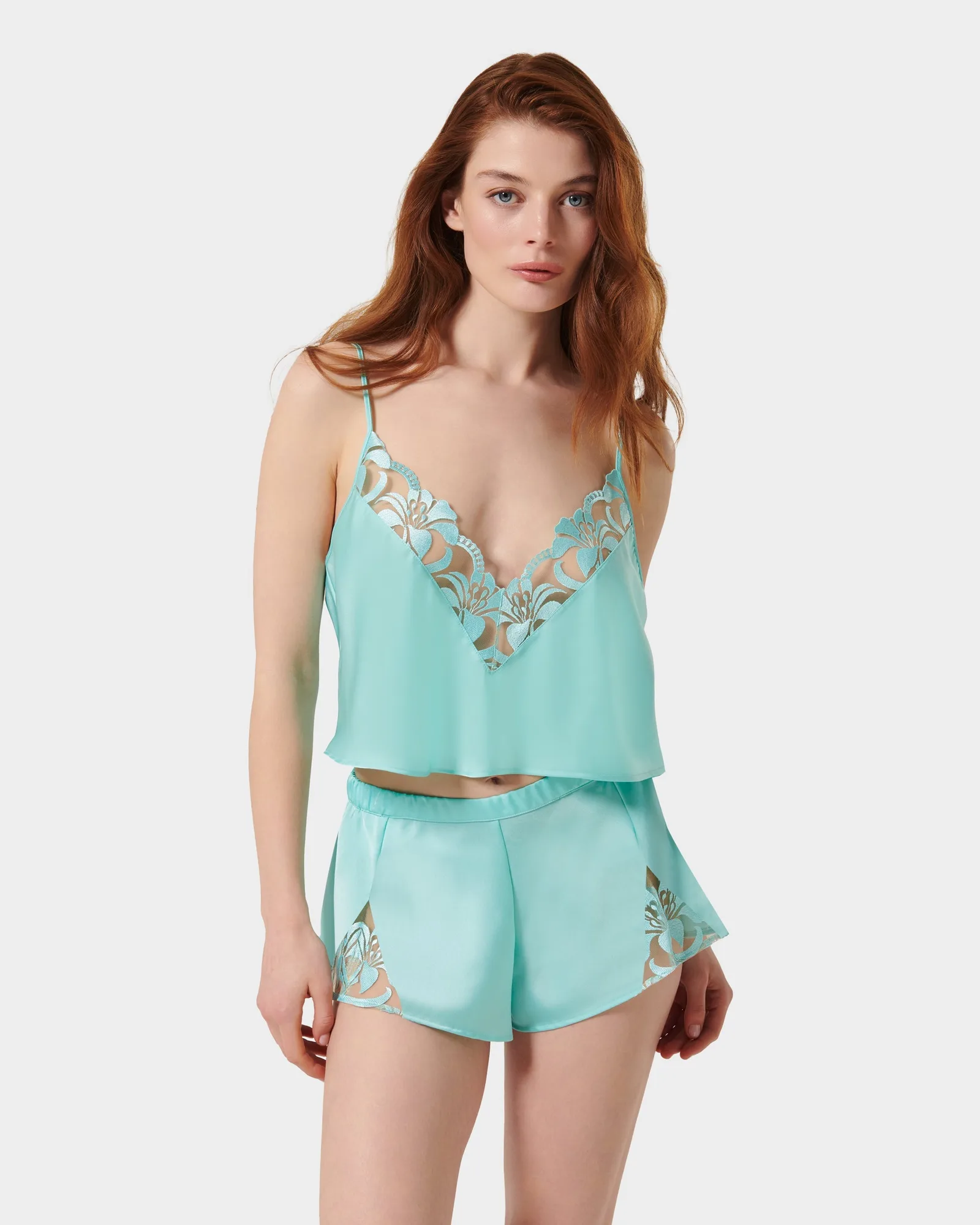 Set top a cami e short in raso luxury Leonora Island Paradise Blu/Trasparente