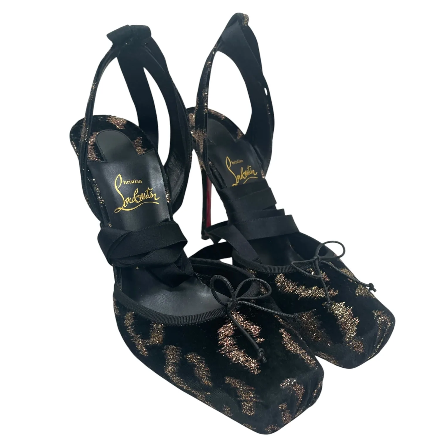 Christian Louboutin/Heels/EU 41/Leopard/BLK/Ankle Strap/CASSIA LACE UP GLITTER VELVET