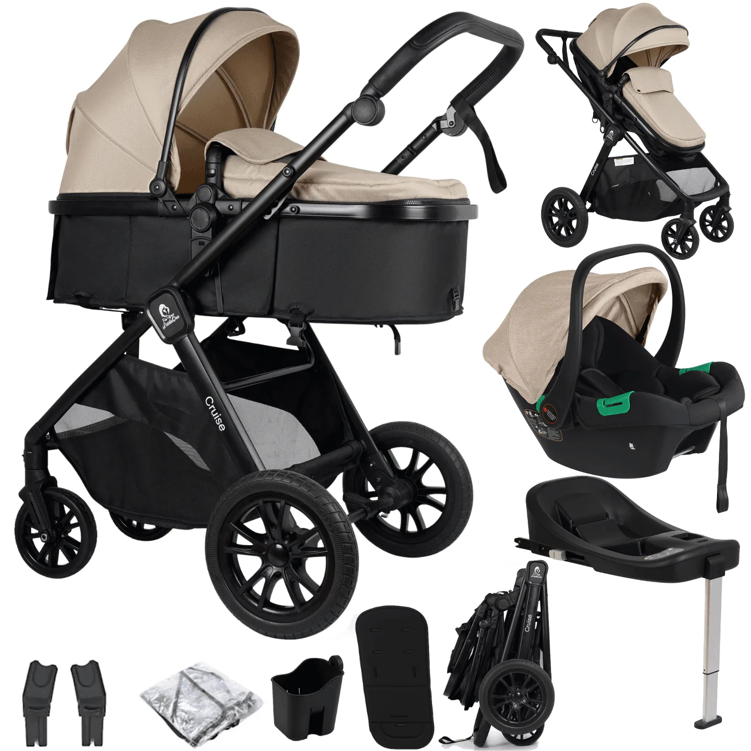 Sistema de viaje Cruise 3 en 1 con silla de coche y base ISOFIX de For Your Little One - Dune Beige (¡portavasos y funda de asiento gratis!)