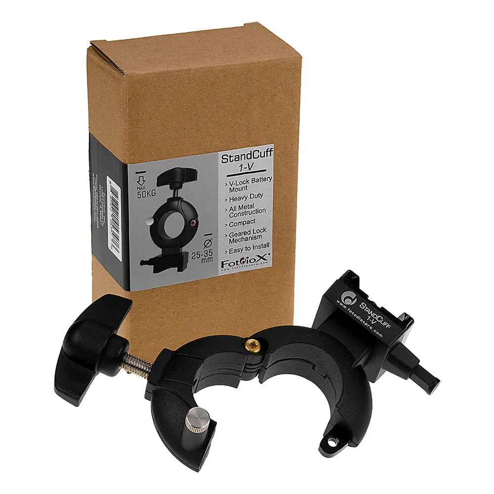 StandCuff 1-V - Kompakte V-Lock-Akku-Stativhalterung für Rohrabschnitte mit 20-35mm Durchmesser, Vollmetallkonstruktion mit Zahnrad-Verriegelungsmechanismus