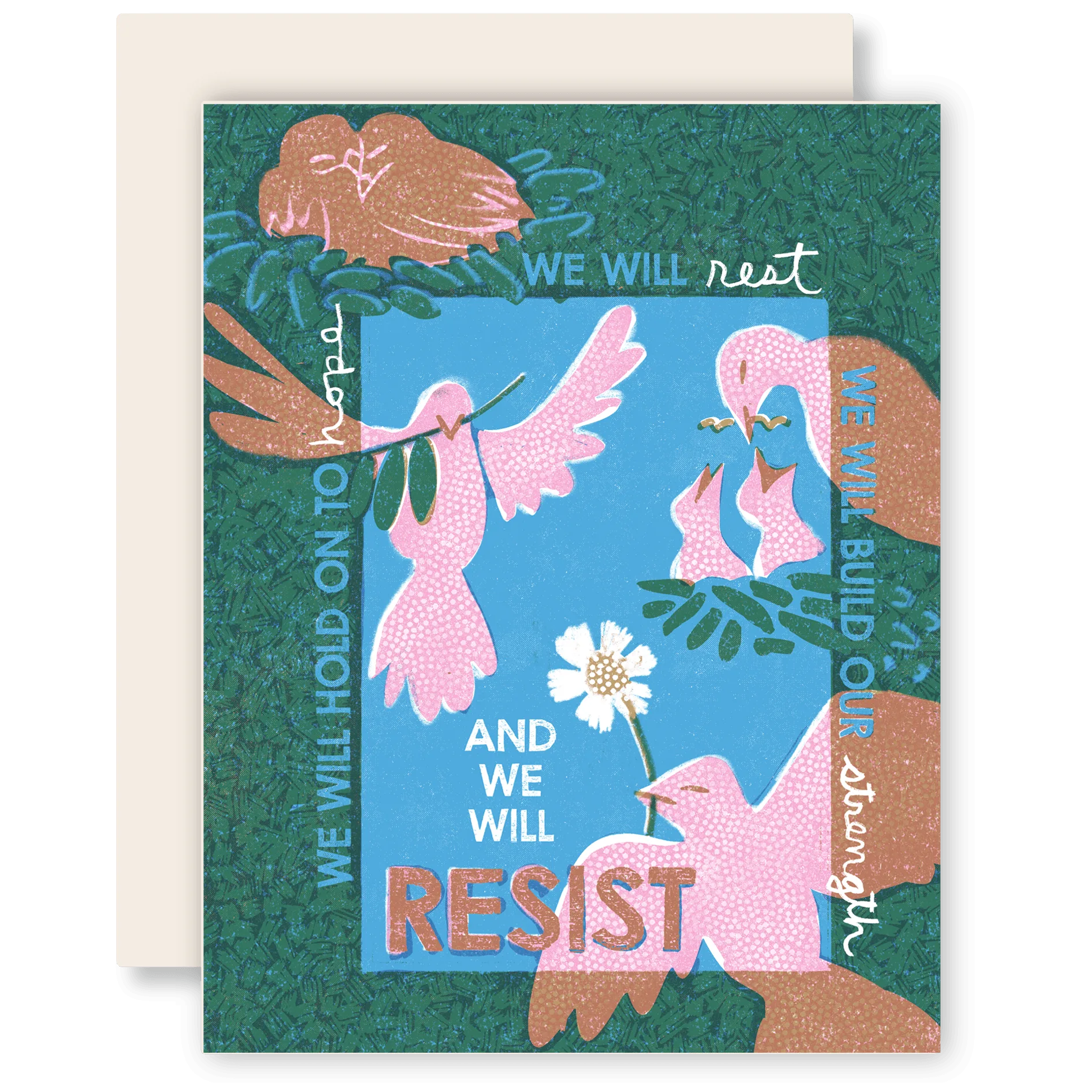 Rest, Build, Hope, Resist Risograph Card