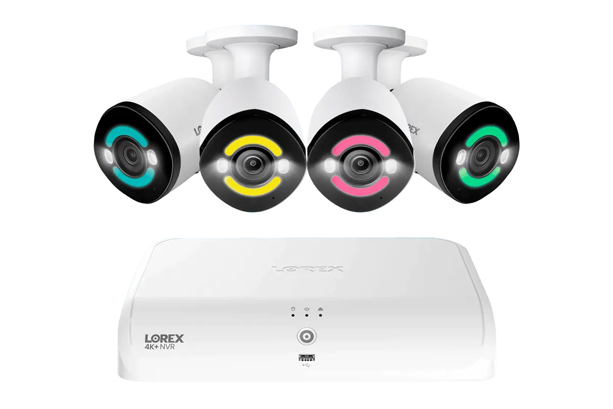 Lorex 4K+ Fusion Wired NVR System with 4 Bullet IP Cameras Featuring 12MP Ultra HD and Smart Security Lighting