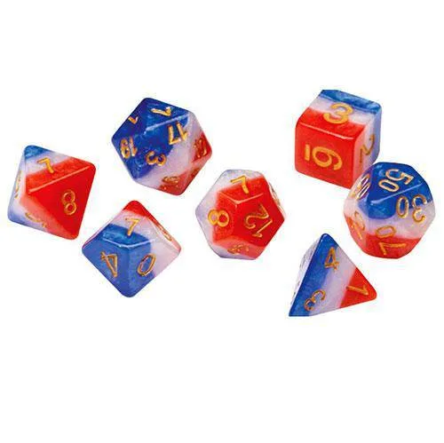 RPG Dobbelsteen Set (7+1): Rood, wit en blauw semi-transparant hars