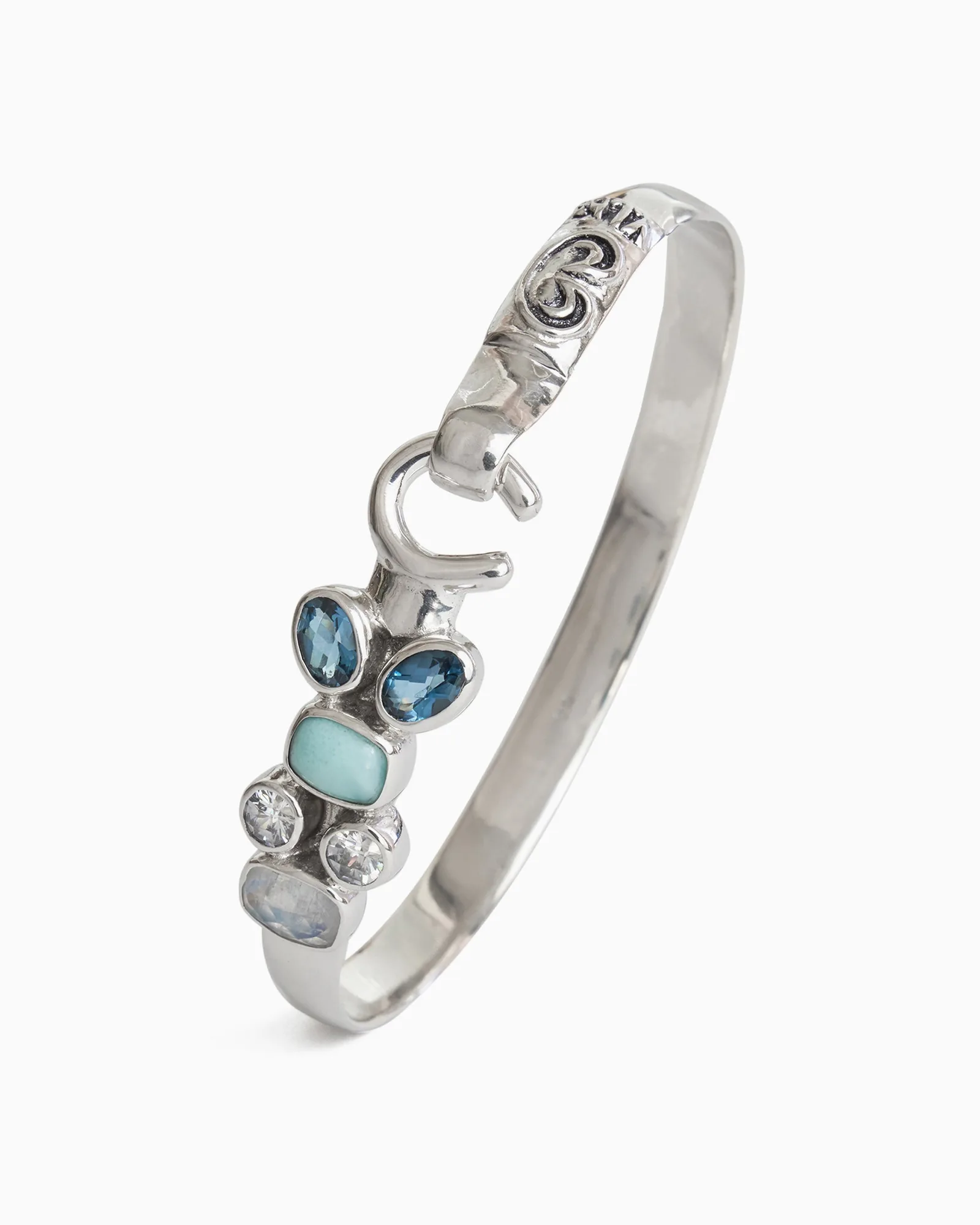 Pulsera Treasure Hook, 6 mm - Topacio Azul London, Larimar, Zircón Blanco y Piedra Lunar
