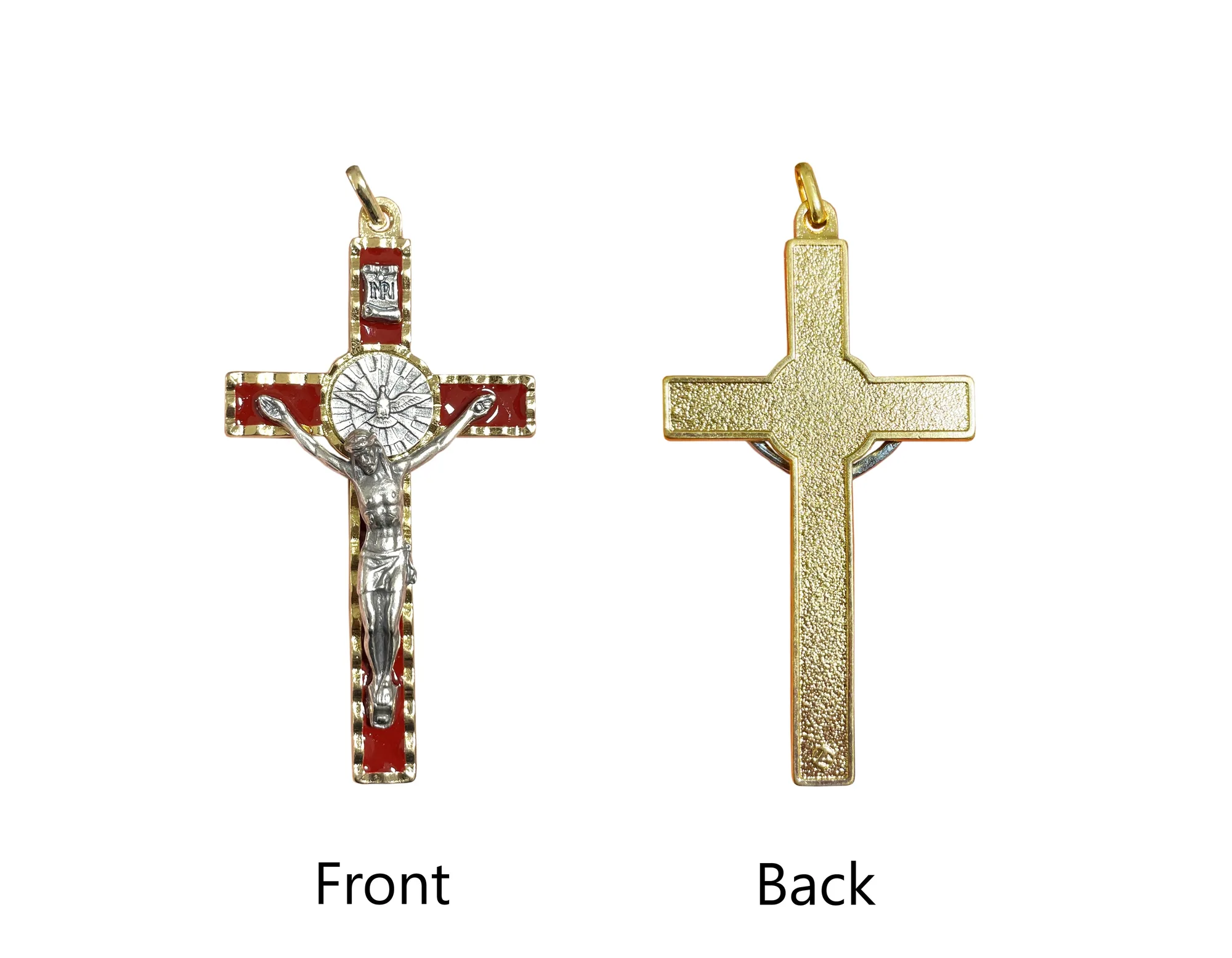 Crucifix du Saint-Esprit avec émail rouge, ton or 3.0"