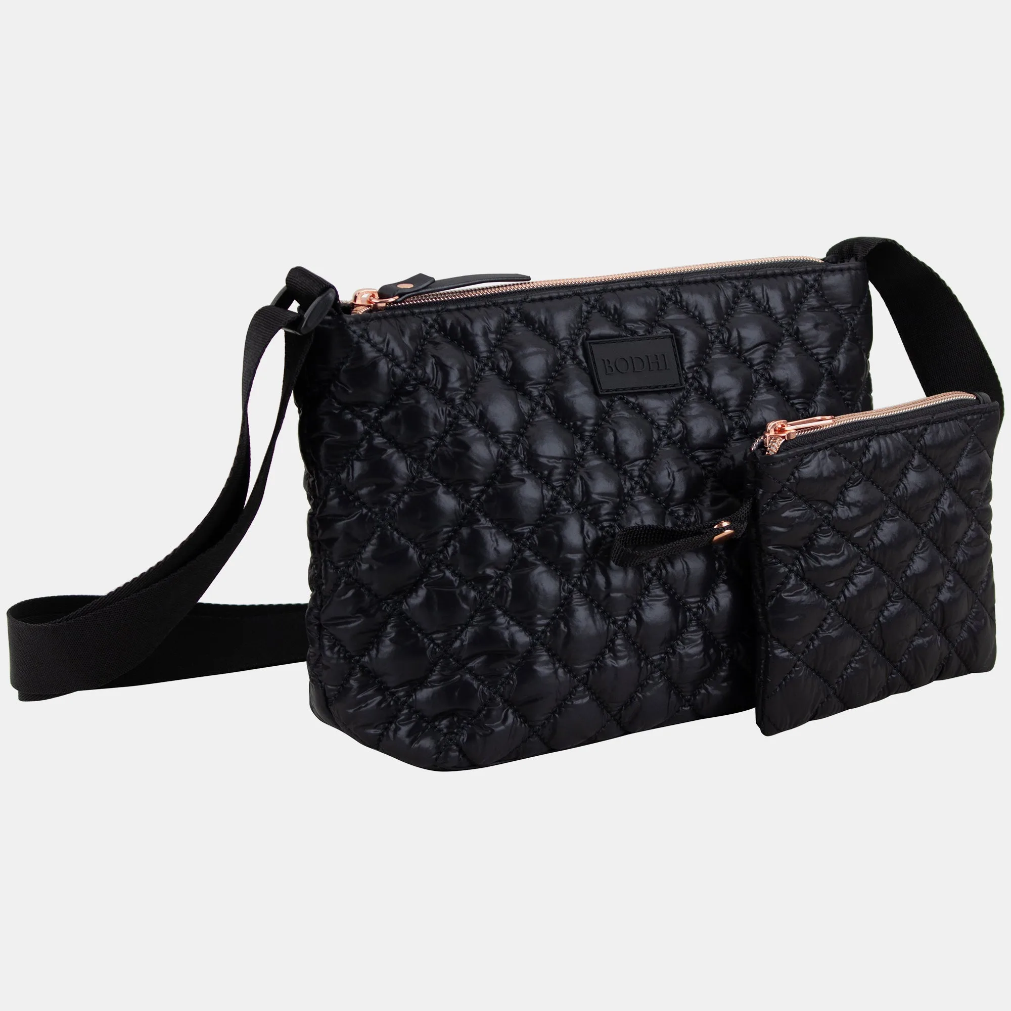 BODHI Quilted Crossbody Bag with Matching Pouch, Black, Rose Gold Zippers