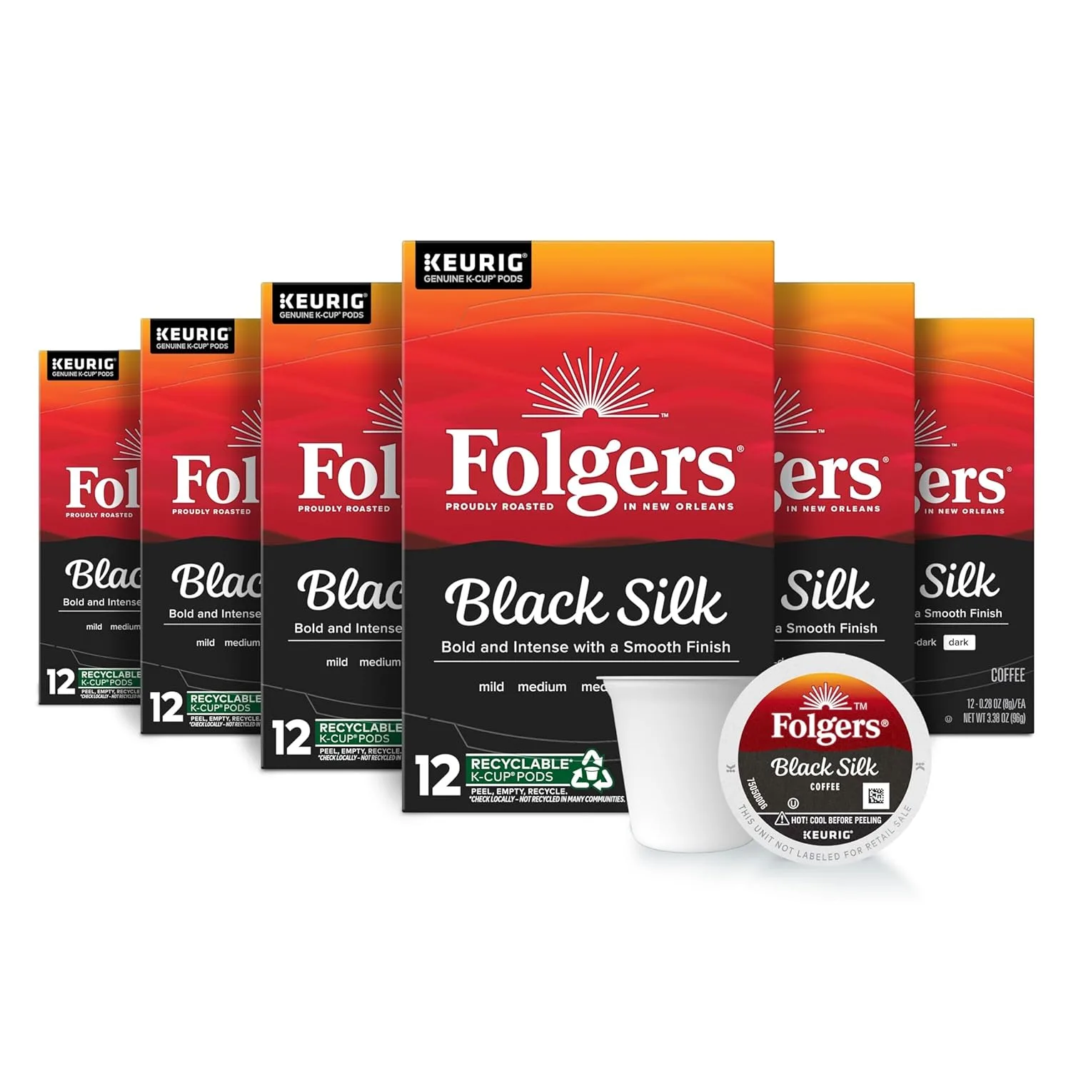 Folgers Black Silk, 다크 로스트 커피, 키우리그 K-컵 포드, 12개입 상자 (6팩)