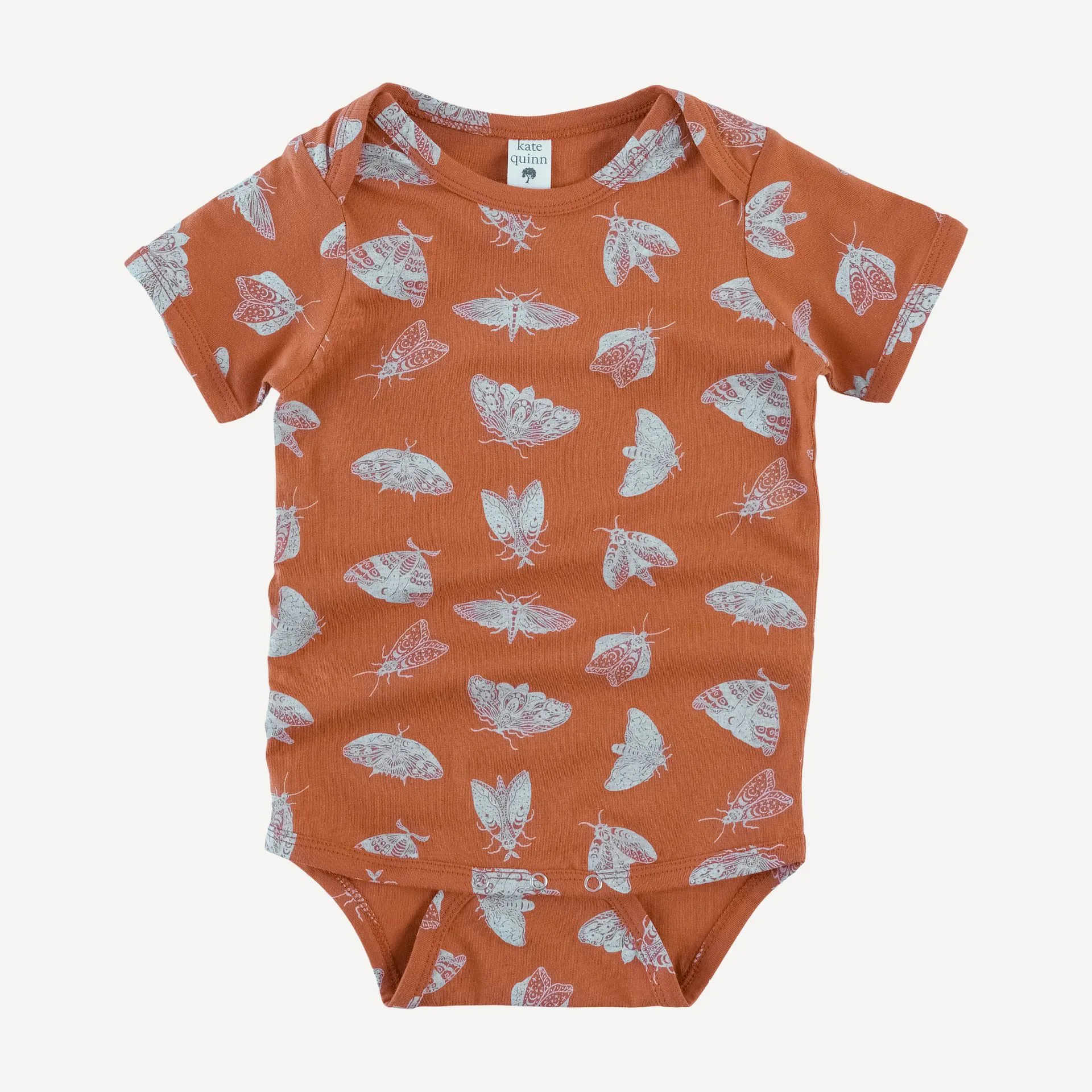 short sleeve lap neck bodysuit | spicy moth scatter | organic cotton jersey