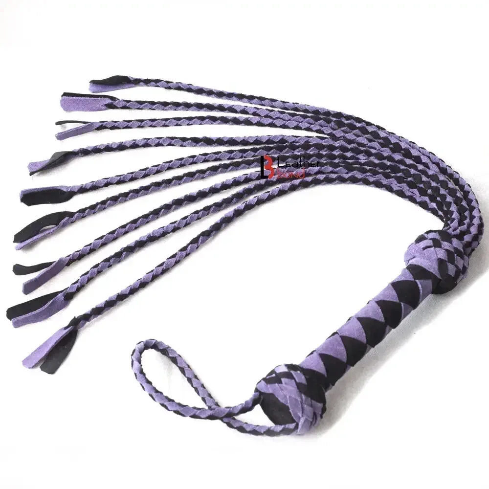 Real Genuine Cowhide Suede, Leather Flogger Cat O Nine Braided Falls Purple & Black
