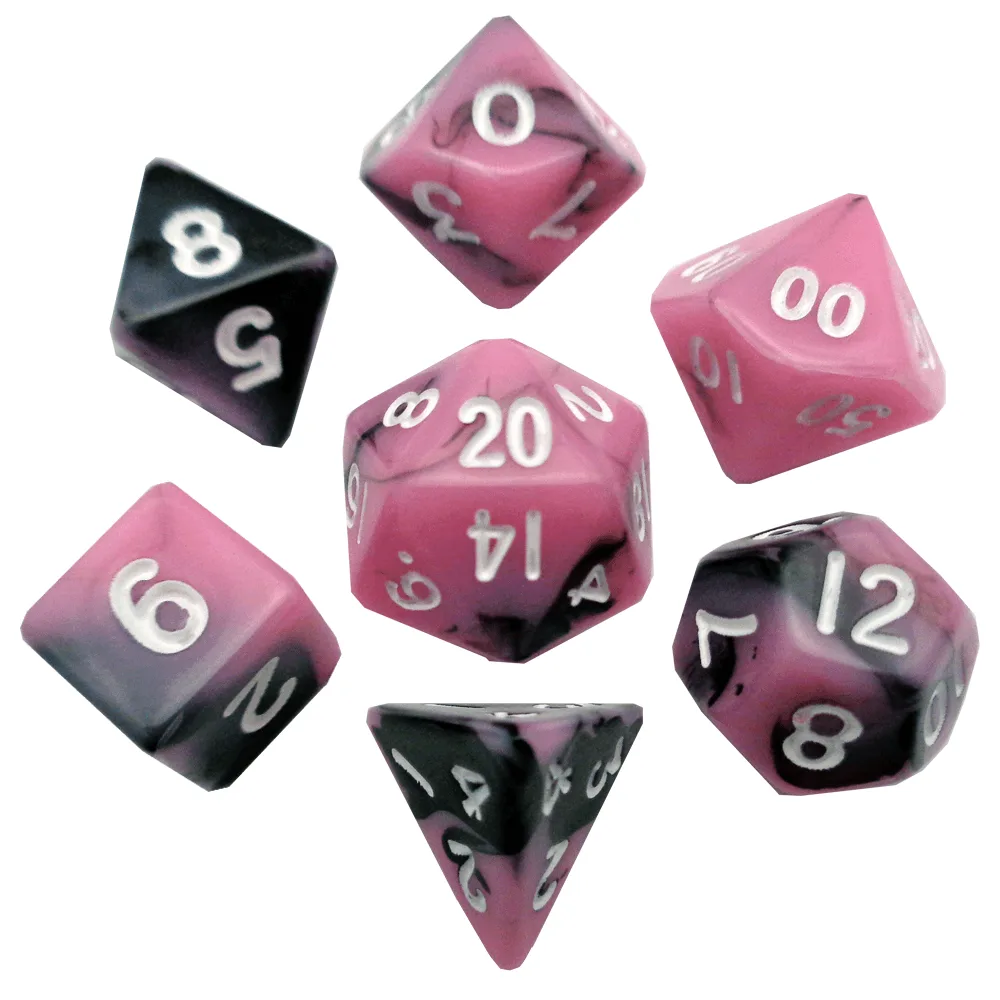 Set de dés polyédriques mini 10 mm rose/noir avec chiffres blancs