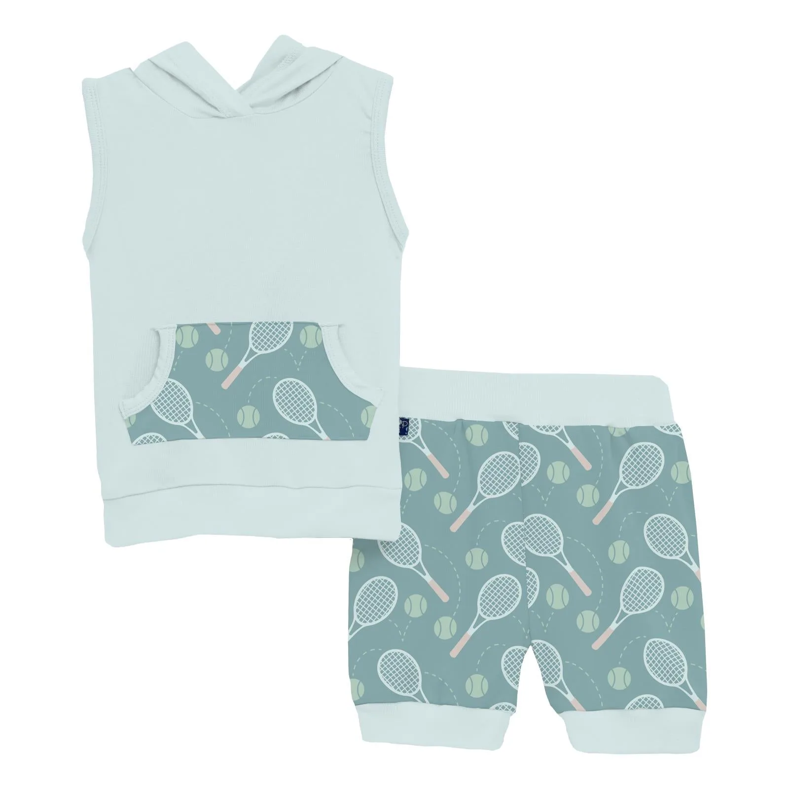 Print Short Sleeve Hoodie Tank Outfit Set in Jade Tennis