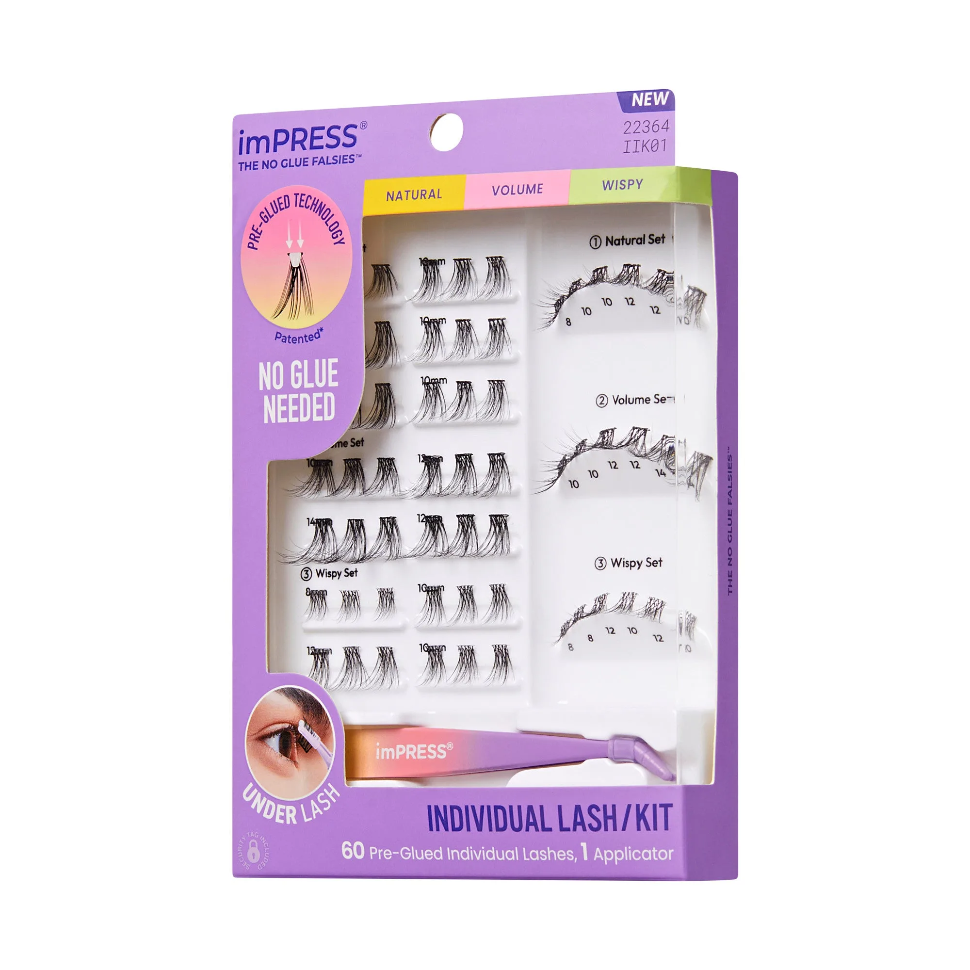 Kit de démarrage de faux cils individuels pré-collés Impress Falsies | 60 clusters de cils, avec applicateur, 8mm-14mm