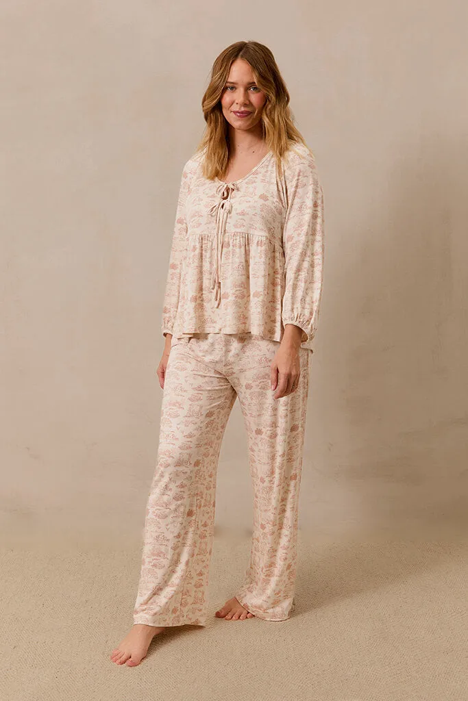 Rose Toile Langarm Schlafanzug-Set für Damen mit Bindeband