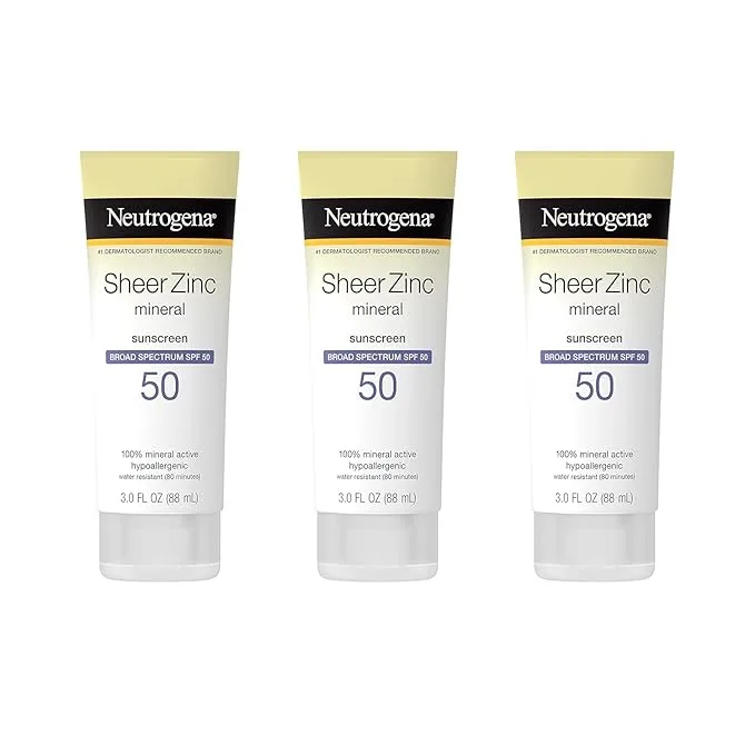 Neutrogena Mineral Sunscreen Sheer Zinc Oxide Dry-Touch Lotion, Broad Spectrum Sunblock SPF 50, Water Resistant Sunscreen For Sensitive Skin, 3 fl. oz, 3 Pack