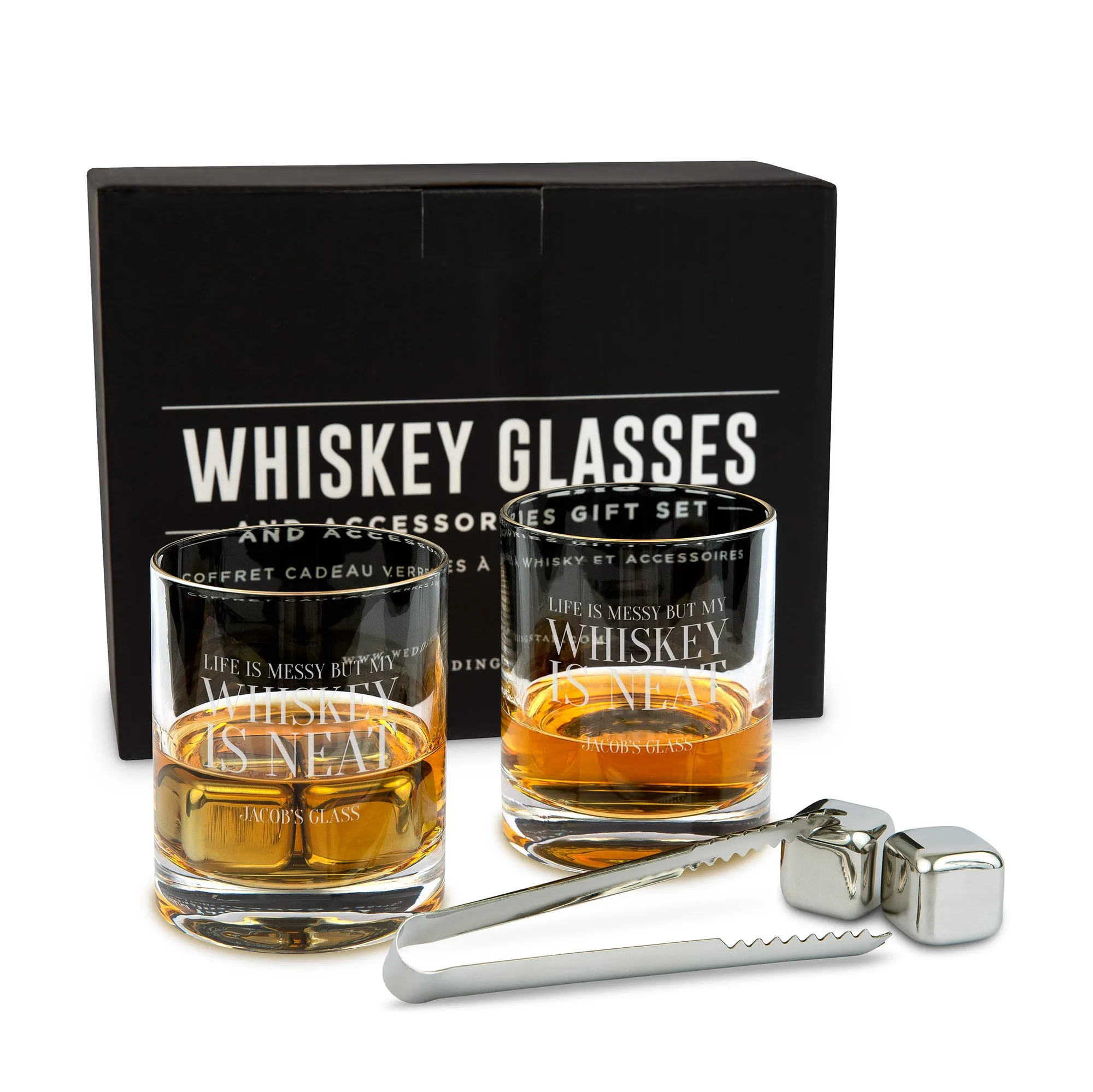 Set de regalo de vaso de whisky redondo grabado personalizado de 11 oz. con piedras de whisky - El whisky es puro
