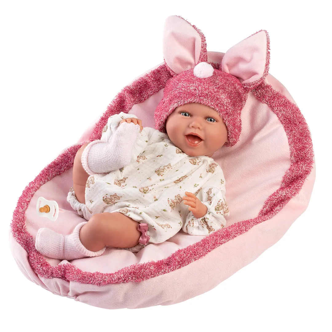 Muñeco Llorens que ríe 42 cm - Recién Nacidos con sonidos de bebé – Mimi sonrisas con cojín camita