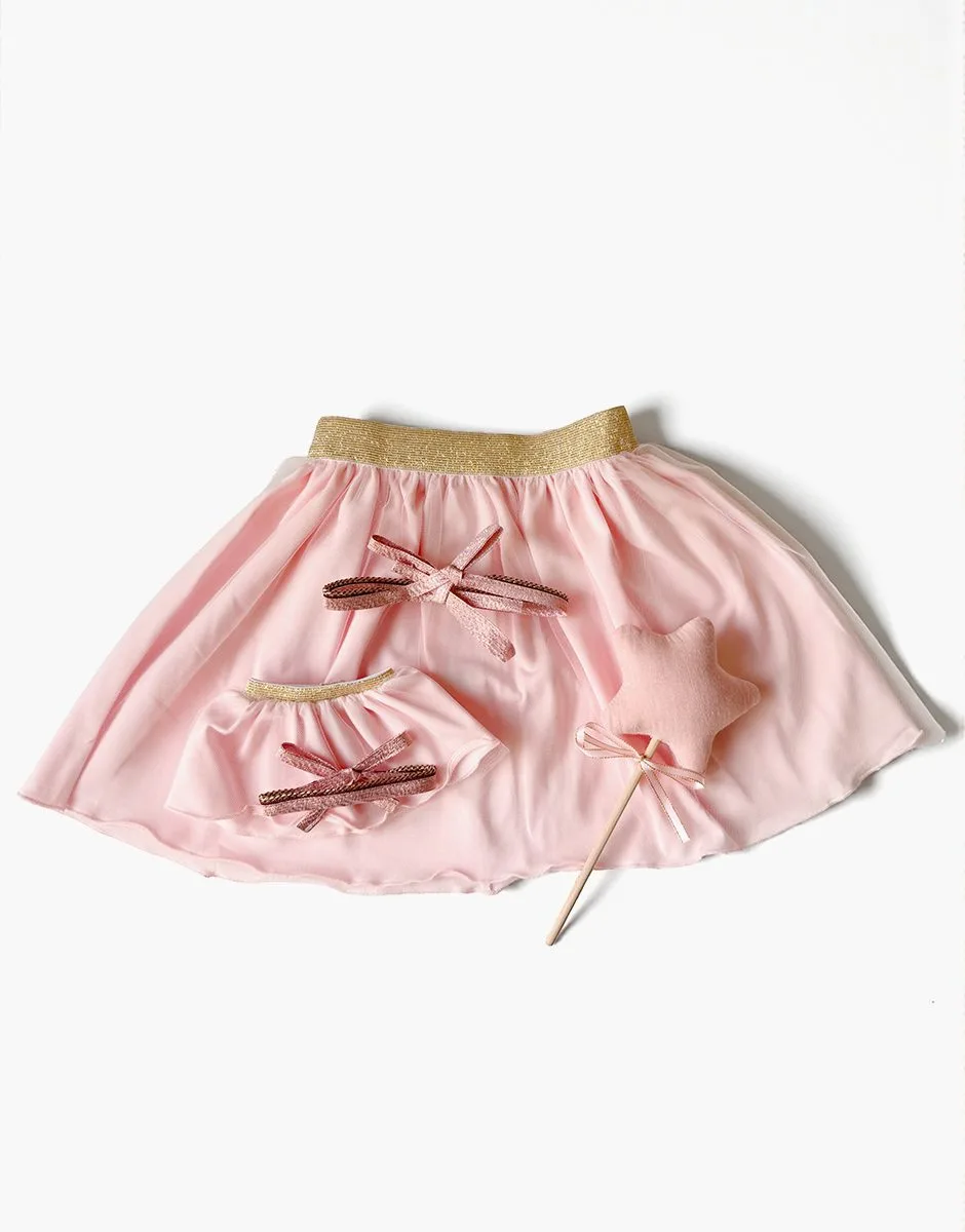 Les P’tits Déguiz – Duo de tutus Deva enfant/poupée et sa baguette magique avec étoile en tissu rose