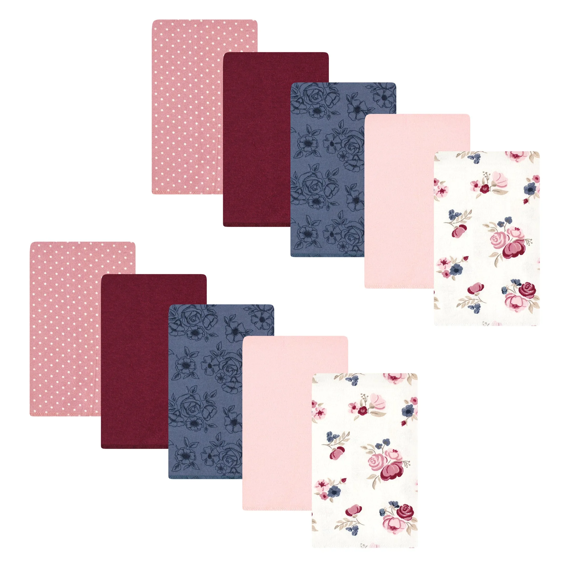 Hudson Baby Cotton Poly Flannel Burp Cloths 10-Pack, Dusty Rose Floral, One Size