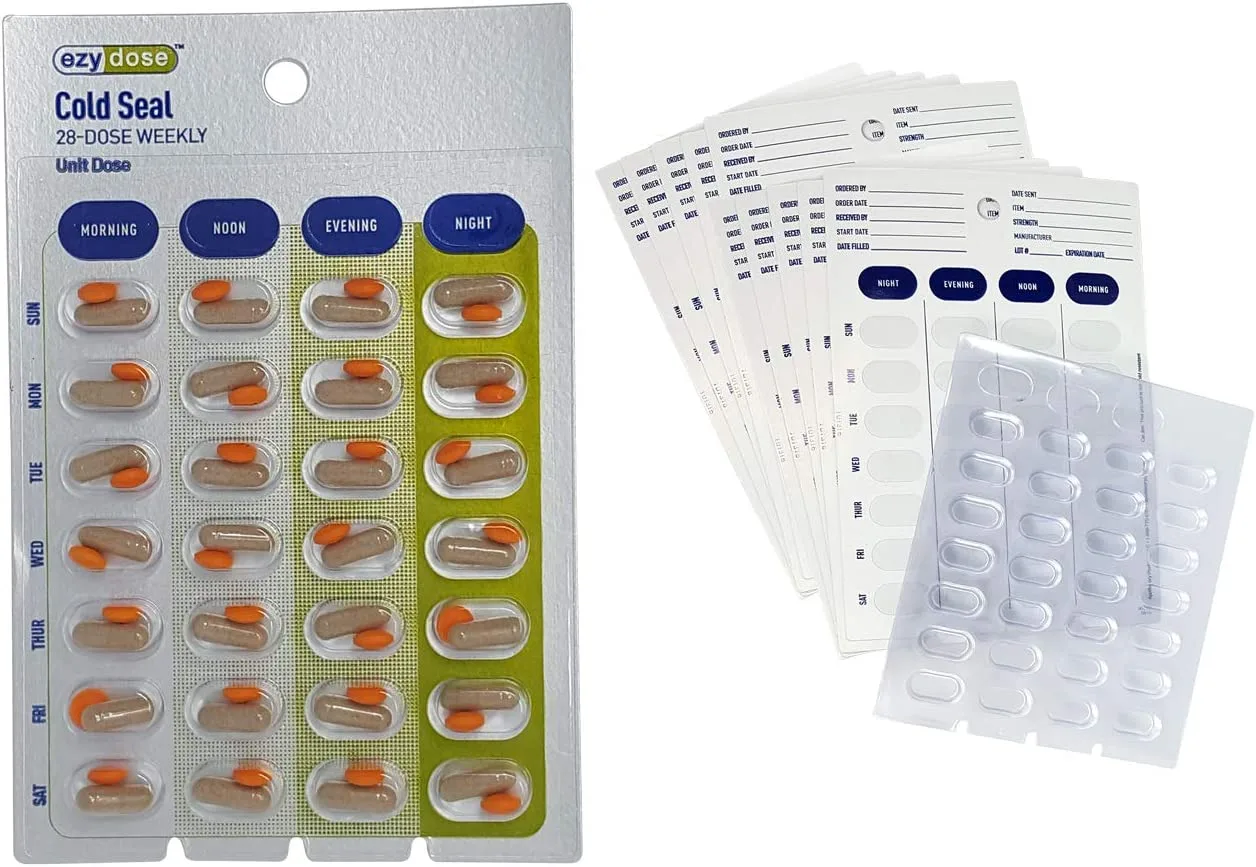 Weekly or Monthly, Medication Blister Pack Refill Set Cold Seal - Includes Blister Trays & Cold-Seal Cards - Large or Extra Large Blisters (50 or 100 Pack)