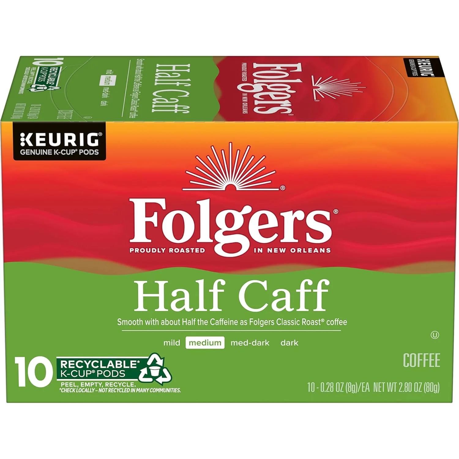 Folgers Half Caff Coffee, Medium Roast, Keurig K-Cup Pods, 10 Count