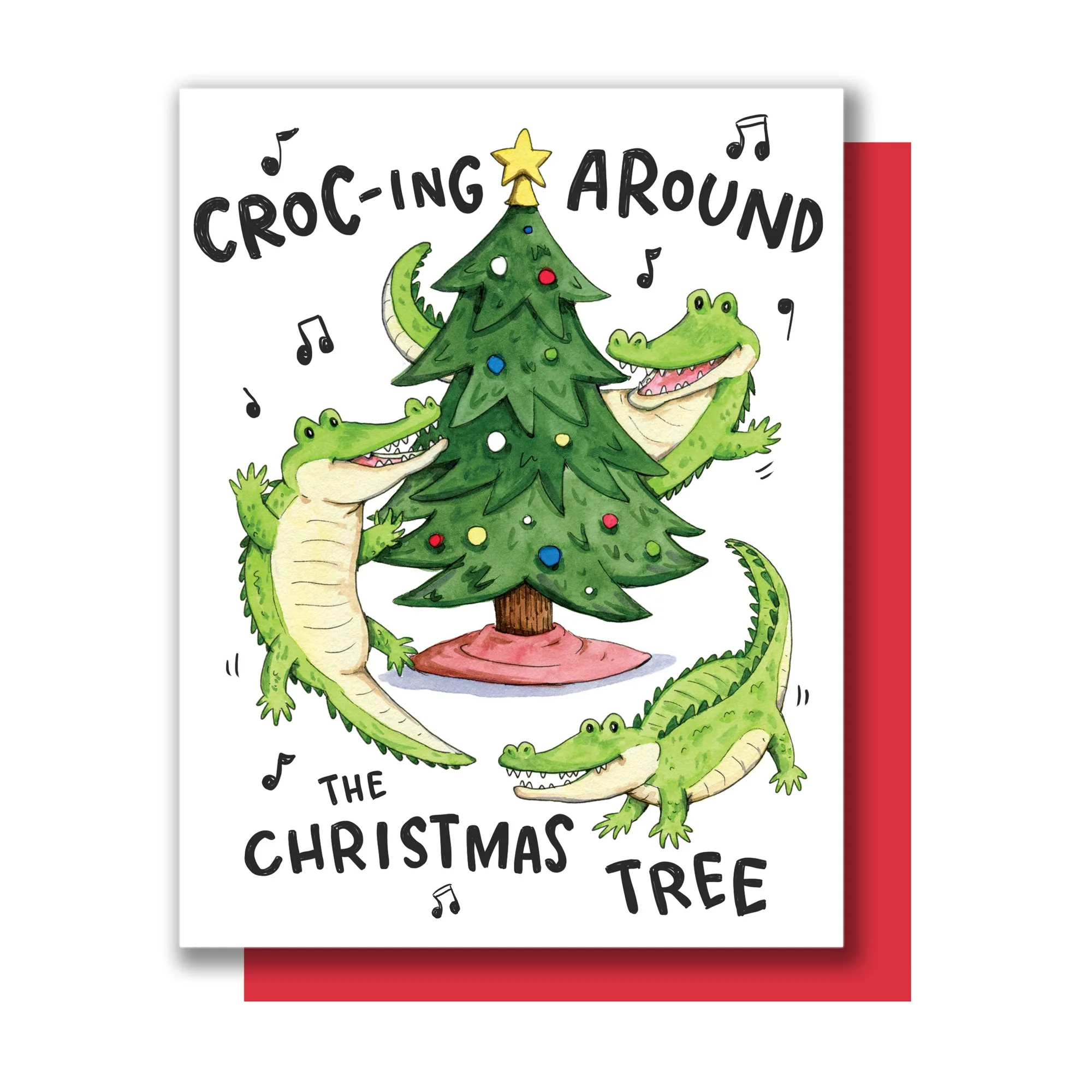 Krokodil um den Weihnachtsbaum herum Feiertagskarte