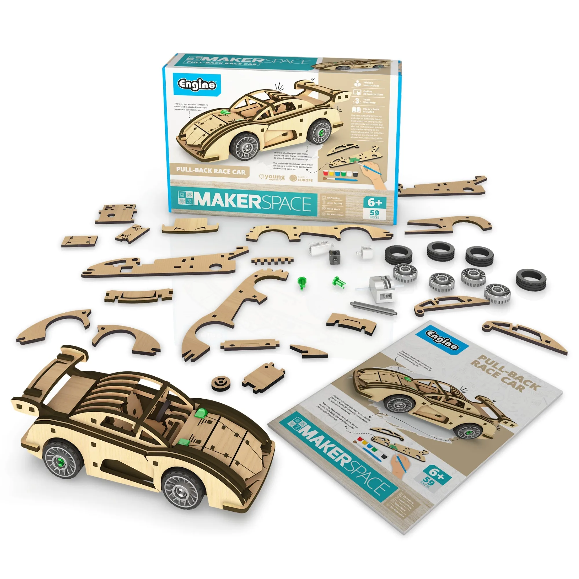 Engino MAKERSPACE DIY:プルバックレースカー、STEM組み立てキット(8歳以上、1モデル)