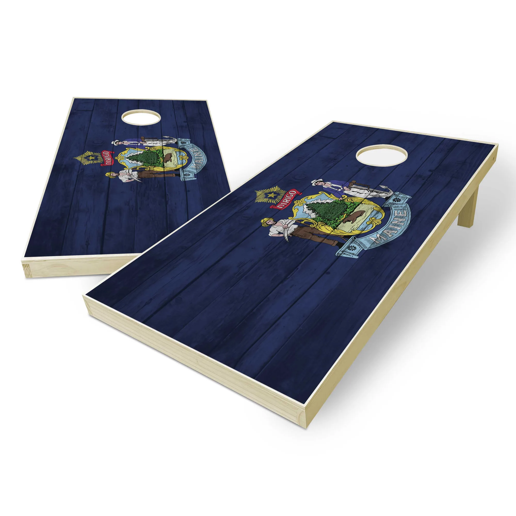 Maine State Flag Cornhole Set - Distressed Wood