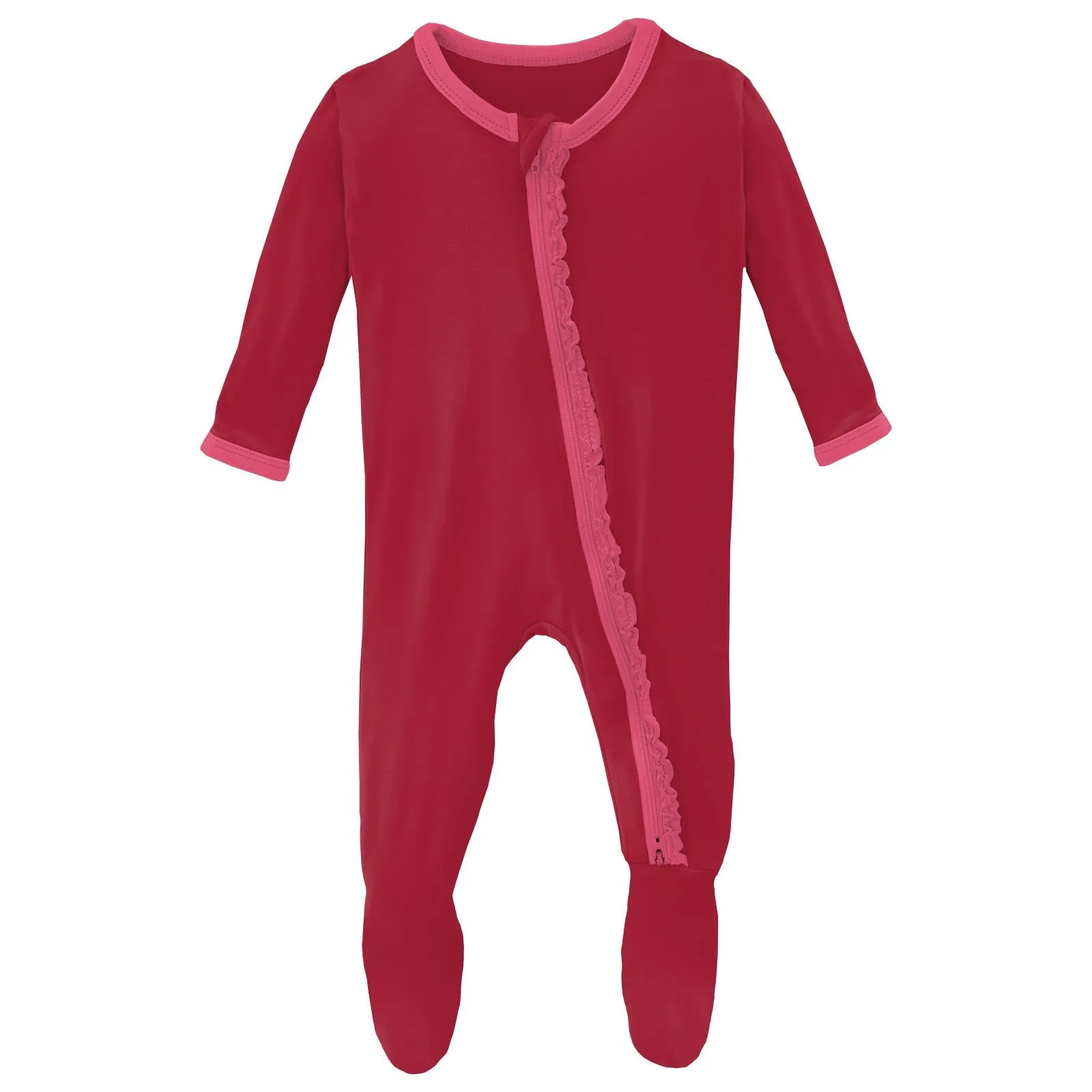 Muffin Ruffle Footie with 2 Way Zipper in Crimson with Winter Rose