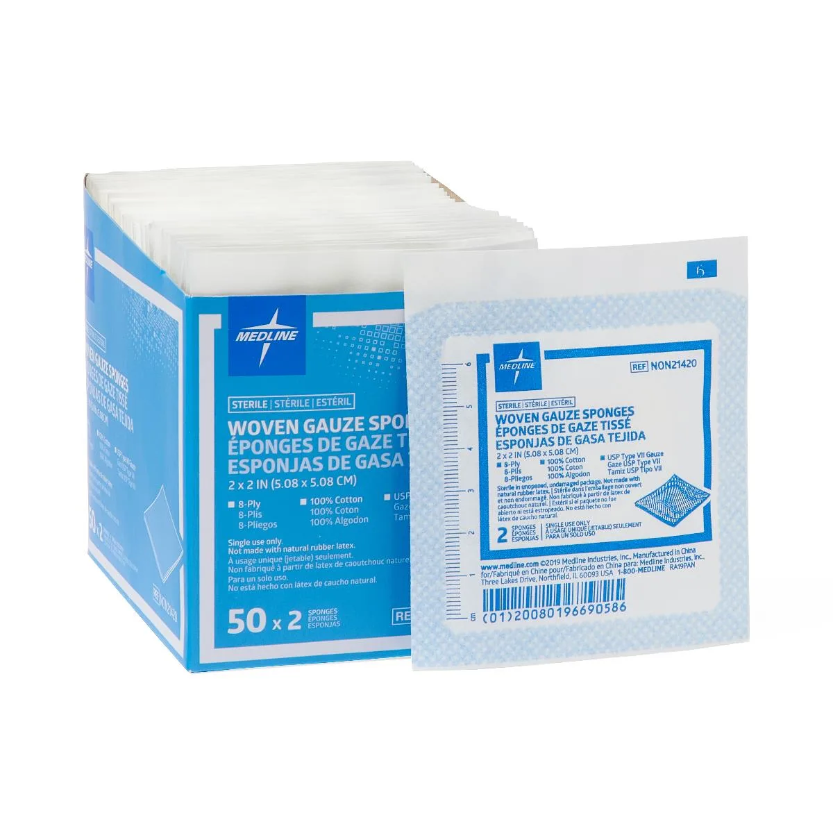 Medline Woven Sterile Gauze Sponges, 2" x 2", 8-Ply, 2/Pack