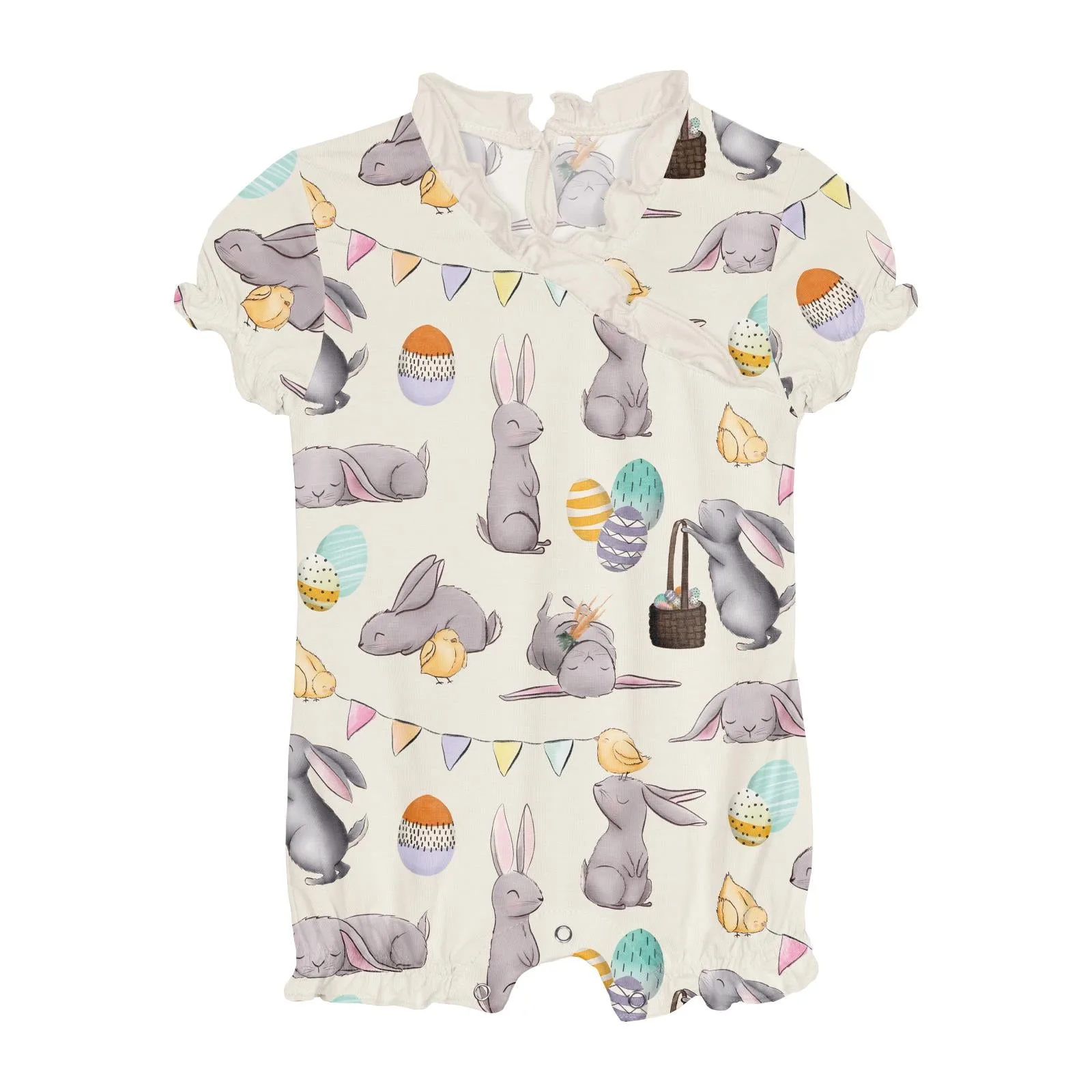 Print Ruffle Romper in Natural Egg Hunt