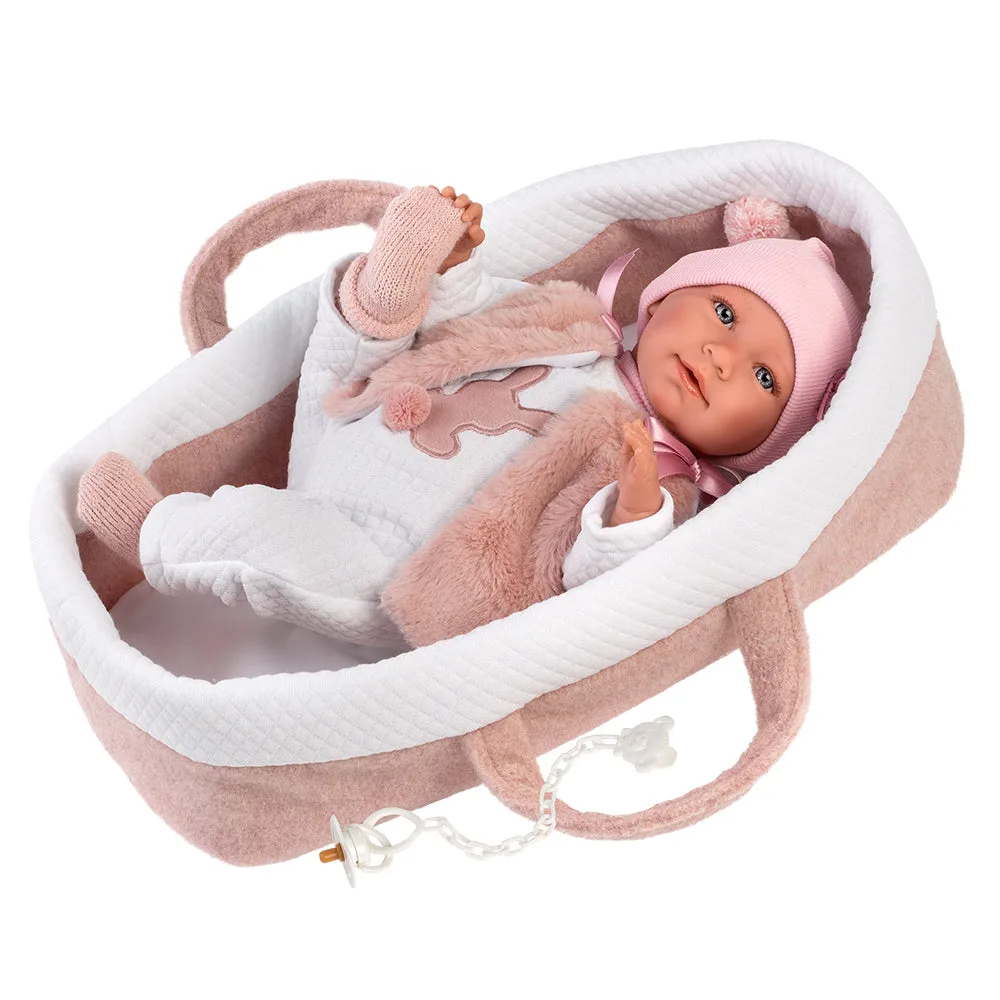 Llorens Weinepuppe 42 cm - Neugeborene mit Babygeräuschen - Baby Mimi mit rosa Tragekorb