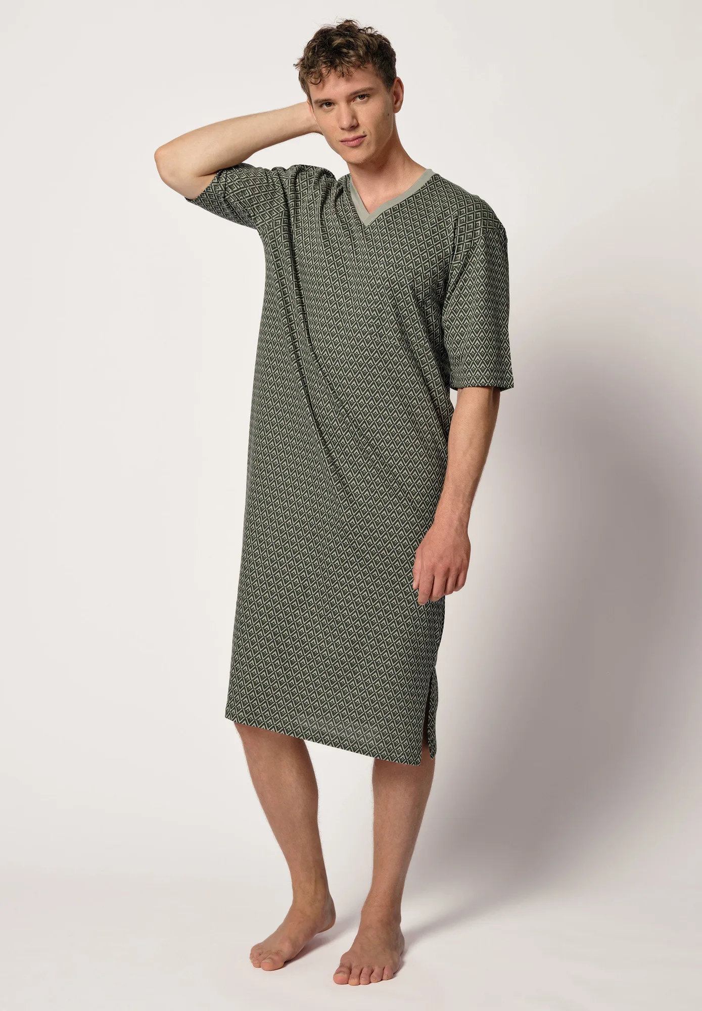 Chemise de nuit Night Basic Selection manches courtes | vert presque à losanges 110094-01H256