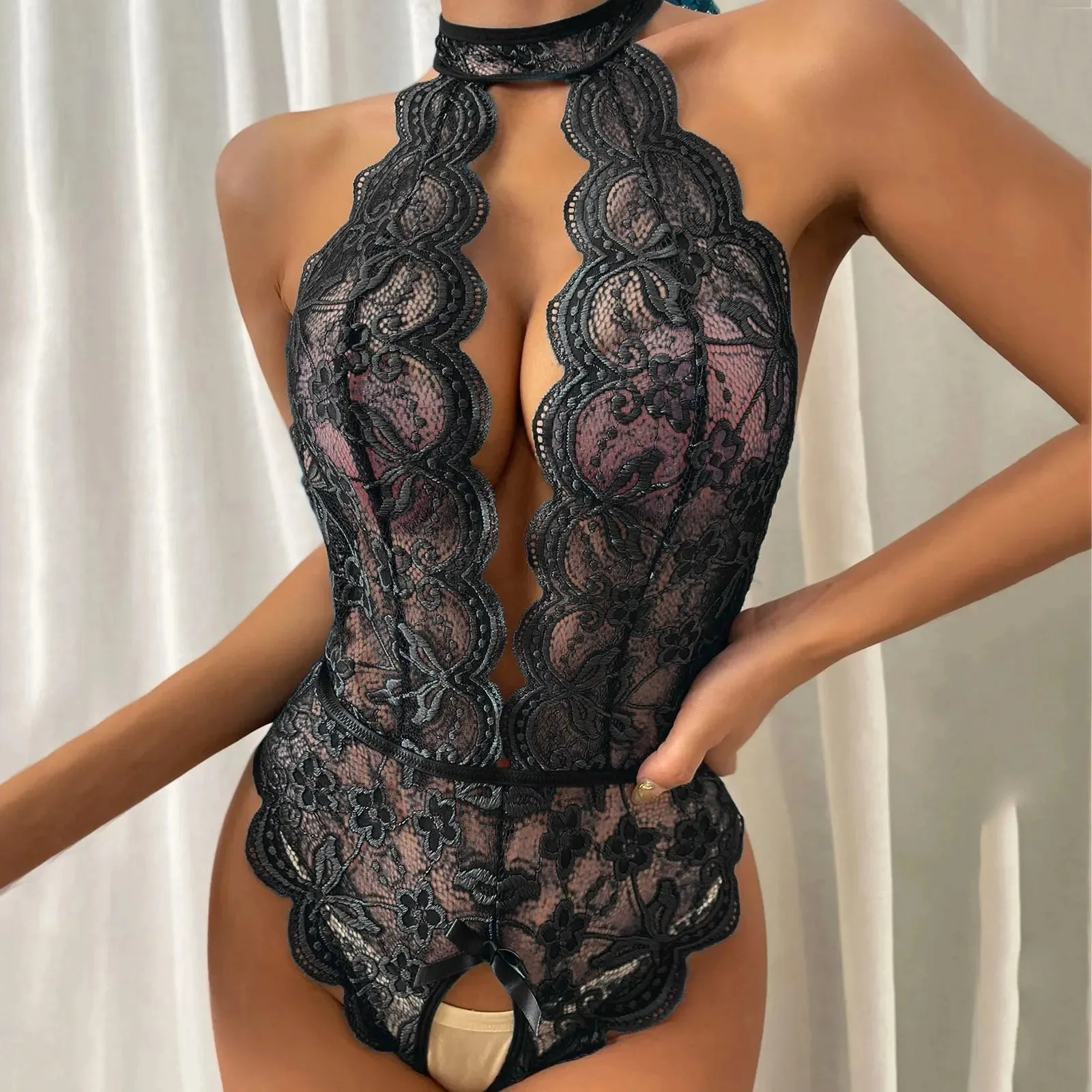 Stand-Collar Open-Crotch Lace Cut-Out Bodysuit