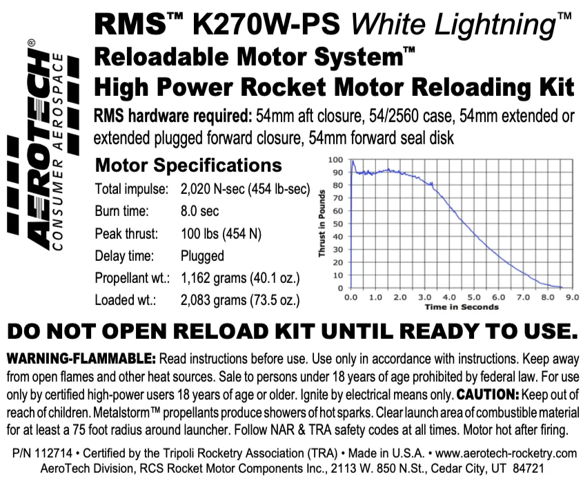 Kit de rechargement AeroTech K270W-PS : Assemblage moteur 54 mm