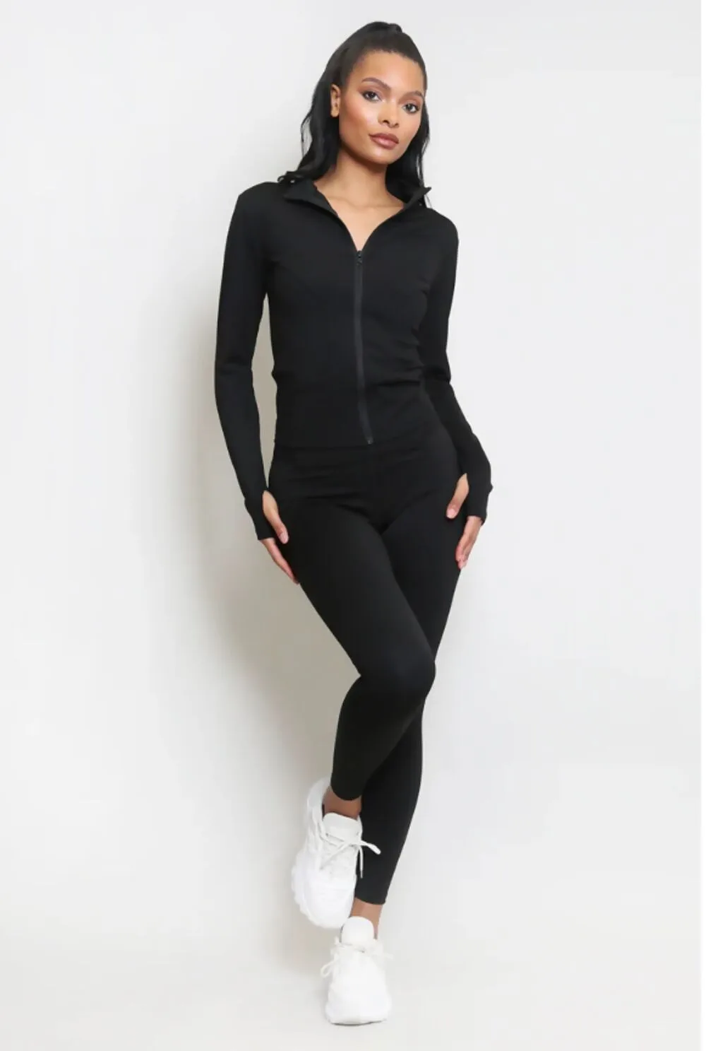 Black Zip Up Long Sleeve Top with Leggings Activewear Set - Livia