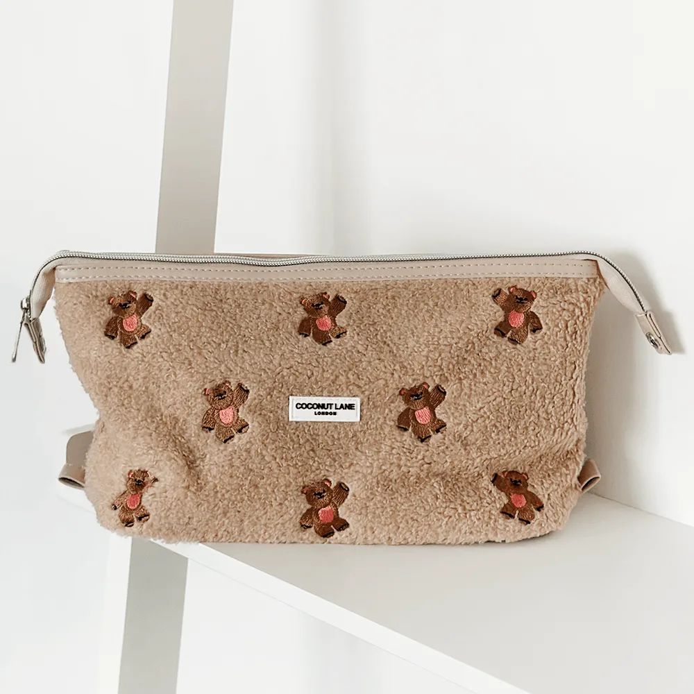 Theo Embroidered Teddy Expandable Makeup Bag - By Coconut Lane